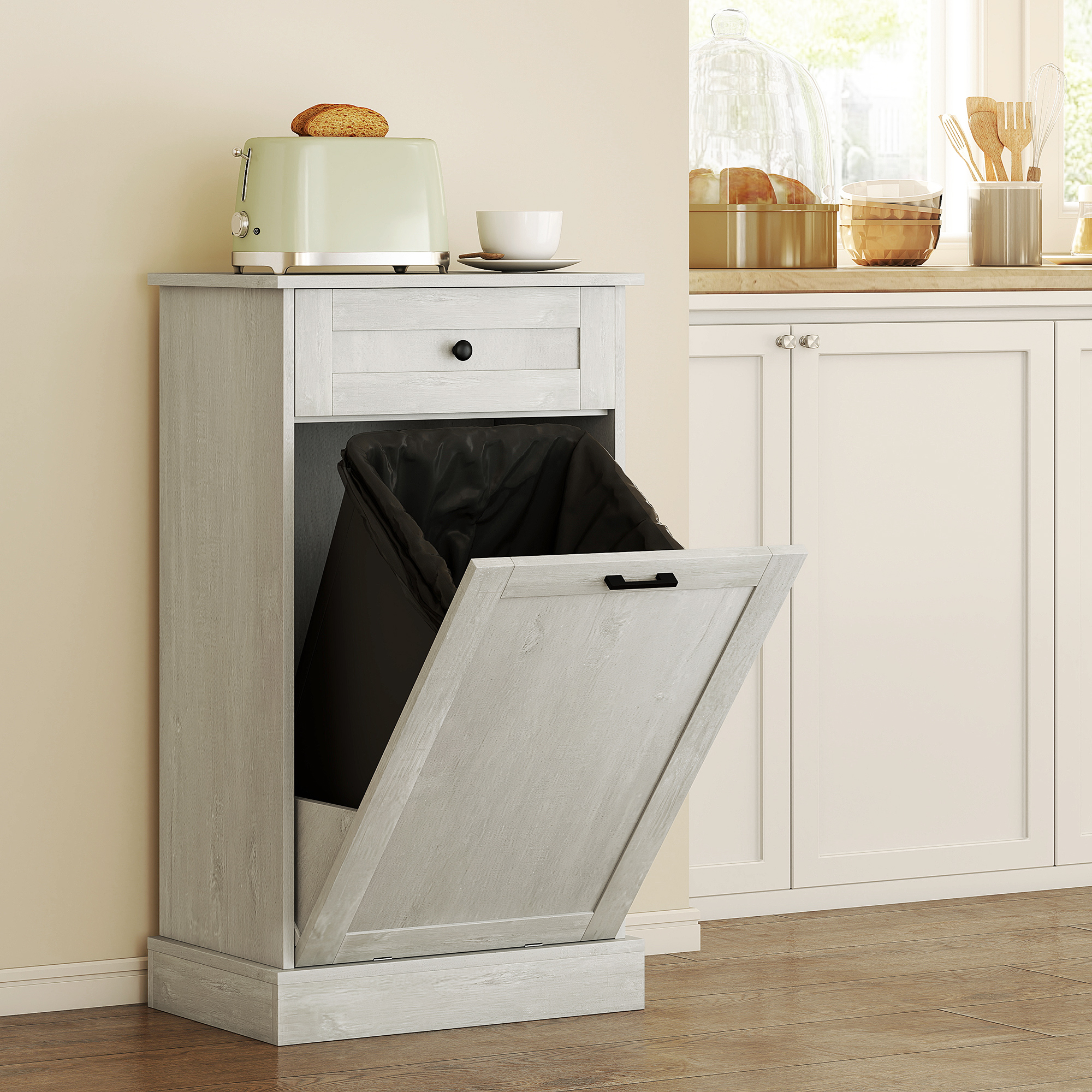 Kitchen Tilt Out Trash Bin Cabinet Free Standing Storage Cabinet with Drawer, Light Gray