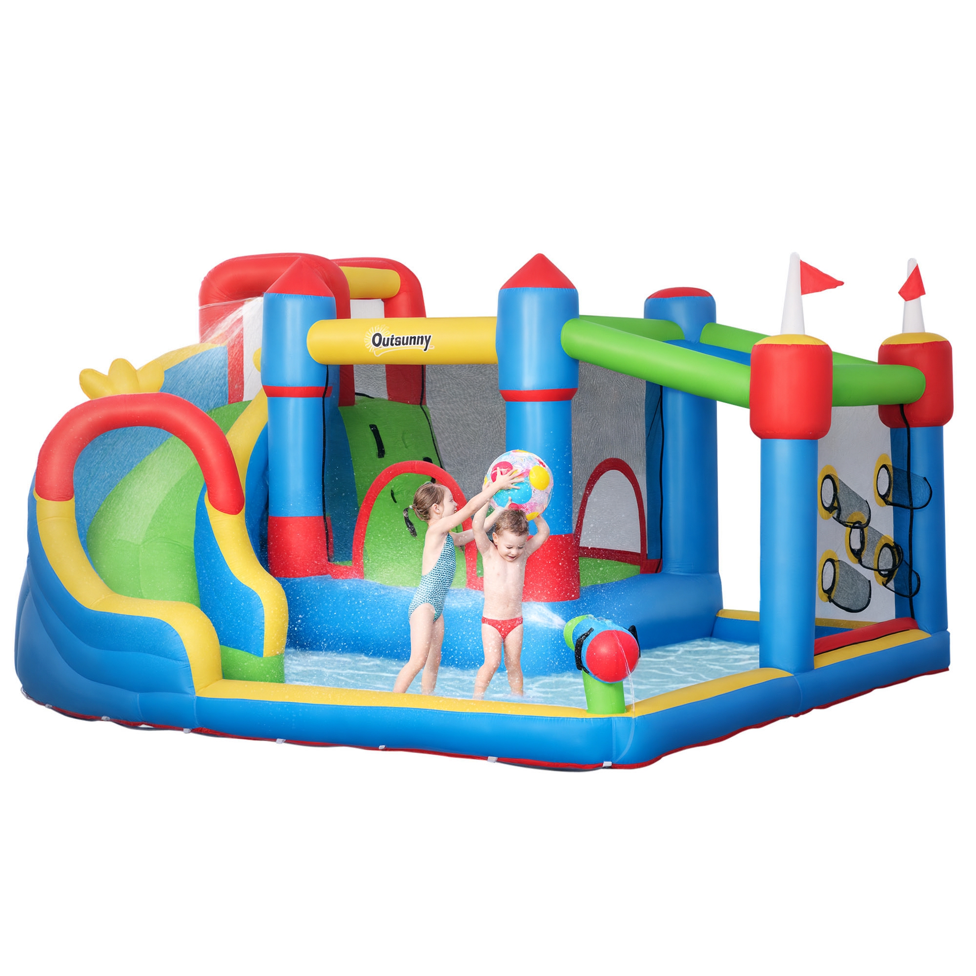 6-in-1 Inflatable Water Slide with Splash Pool, Slide, Climbing Wall, Water Cannon, Inflatable Bounce House for Kids with 2 Min. Inflation