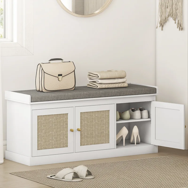 Shoe Storage Bench with Woven Rattan Doors, Shoe Bench with Cushion, Adjustable Shelves, Entryway Bench, White