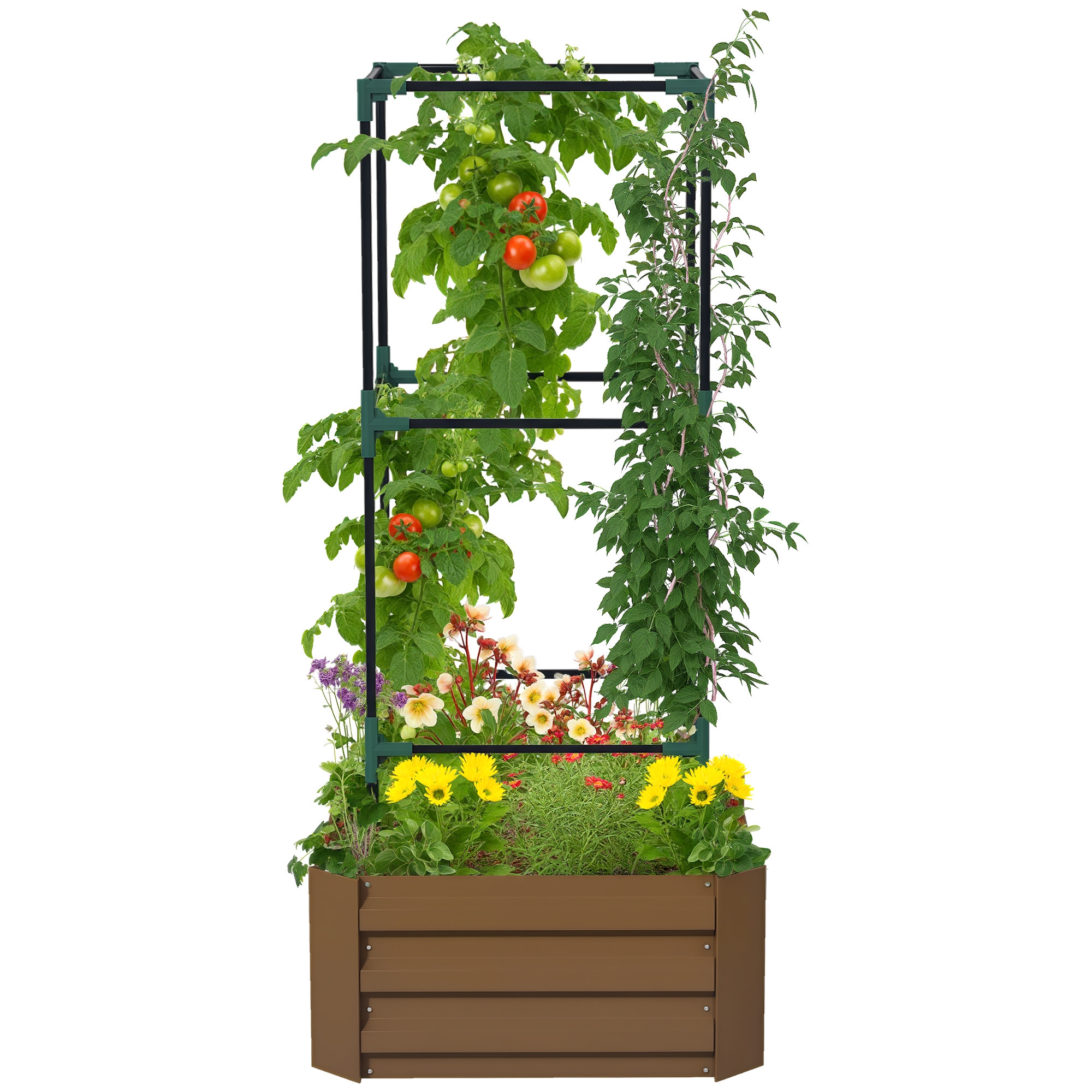 Galvanized Planter Box, 24" x 24" x 55" Raised Garden Bed with Tomato Cage for Climbing Vines, Brown