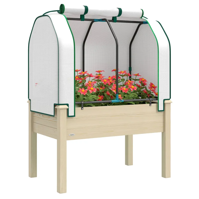 Raised Garden Bed with PE Greenhouse Cover Outdoor Planter Box for Herbs and Vegetables, 35 x 22 x 47 inch, Natural