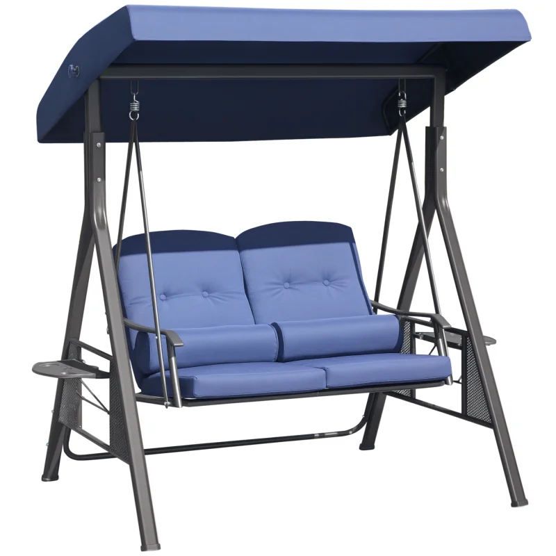  2-Person Patio Swing Bench with Adjustable Shade Canopy, Soft Cushions, Throw Pillows and Tray, Dark Blue
