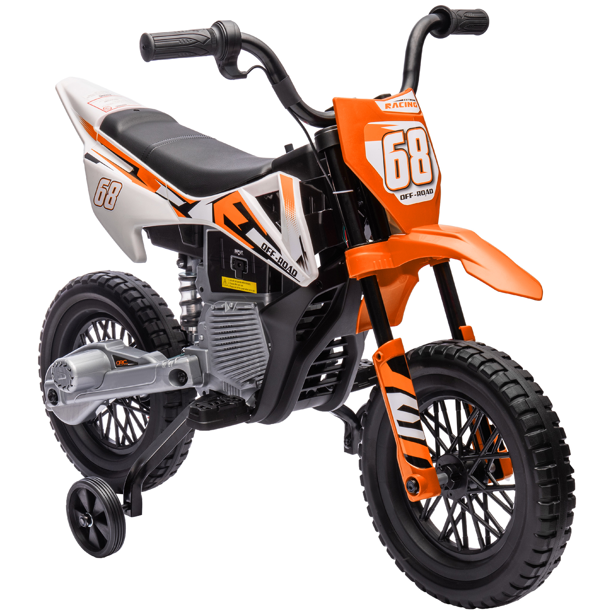 12V Kids Electric Motorcycle w/ Twist Grip Throttle, Training Wheels, Rear Suspension & Music, Orange