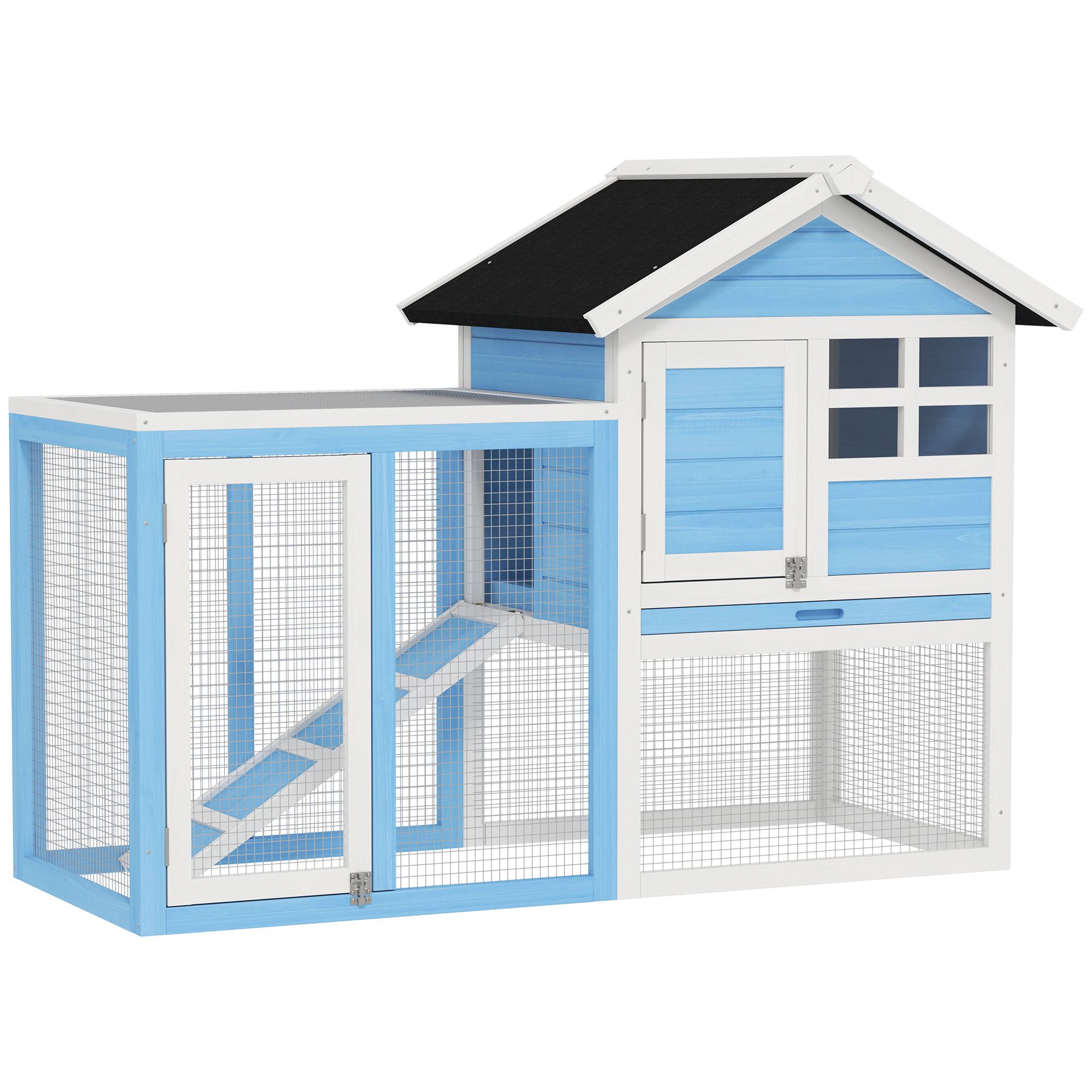 49" Wooden Rabbit Hutch Bunny Cage with Waterproof Asphalt Roof, Fun Outdoor Run, Removable Tray and Ramp, for Rabbits, Chickens, Ducks, Light Blue