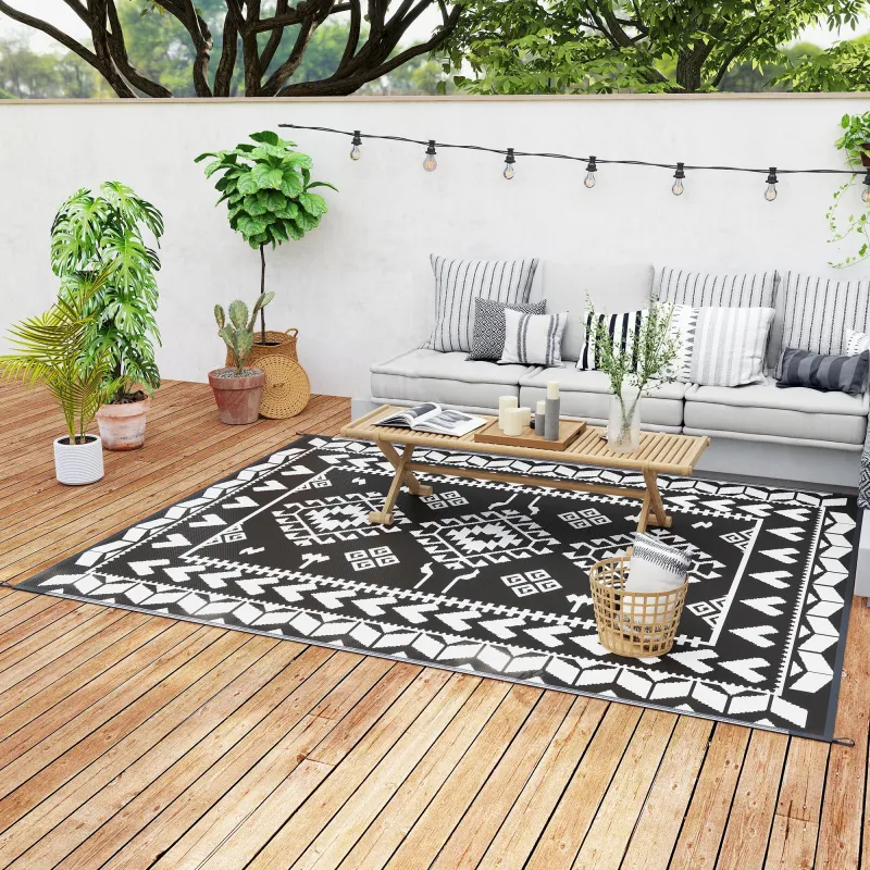 Reversible Outdoor Rug, Waterproof Plastic Straw with Carry Bag, 8' x 10', Black & White Rhombus Patchwork