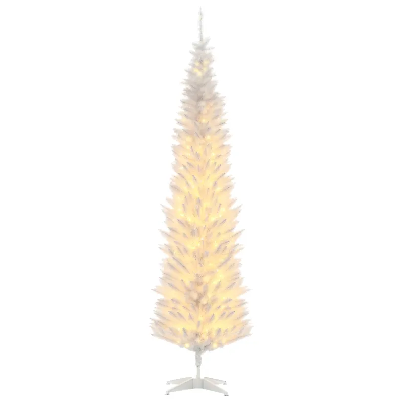 7ft Pencil Christmas Tree, Slim Artificial Christmas Tree with Realistic Branches and Warm White LED Lights, White