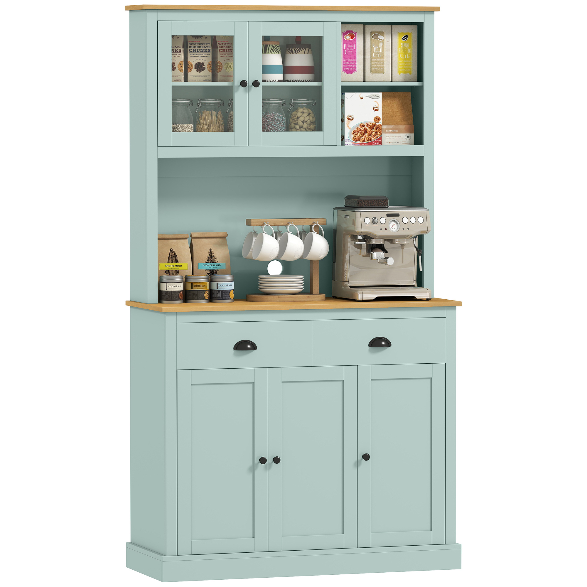 Kitchen Pantry Storage Cabinet with Microwave Stand, 71" Modern Kitchen Hutch with Open Countertop, Glass Doors, Storage Drawers and Adjustable Shelves for Dining Room, Coffee Bar, Light Green
