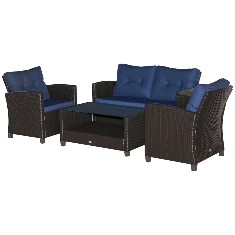  4 Pieces Patio Furniture Sets with Cushions, PE Rattan Wicker Conversation Chairs with Two-Tier Coffee Table for Backyard Porch Garden Poolside and Deck, Blue