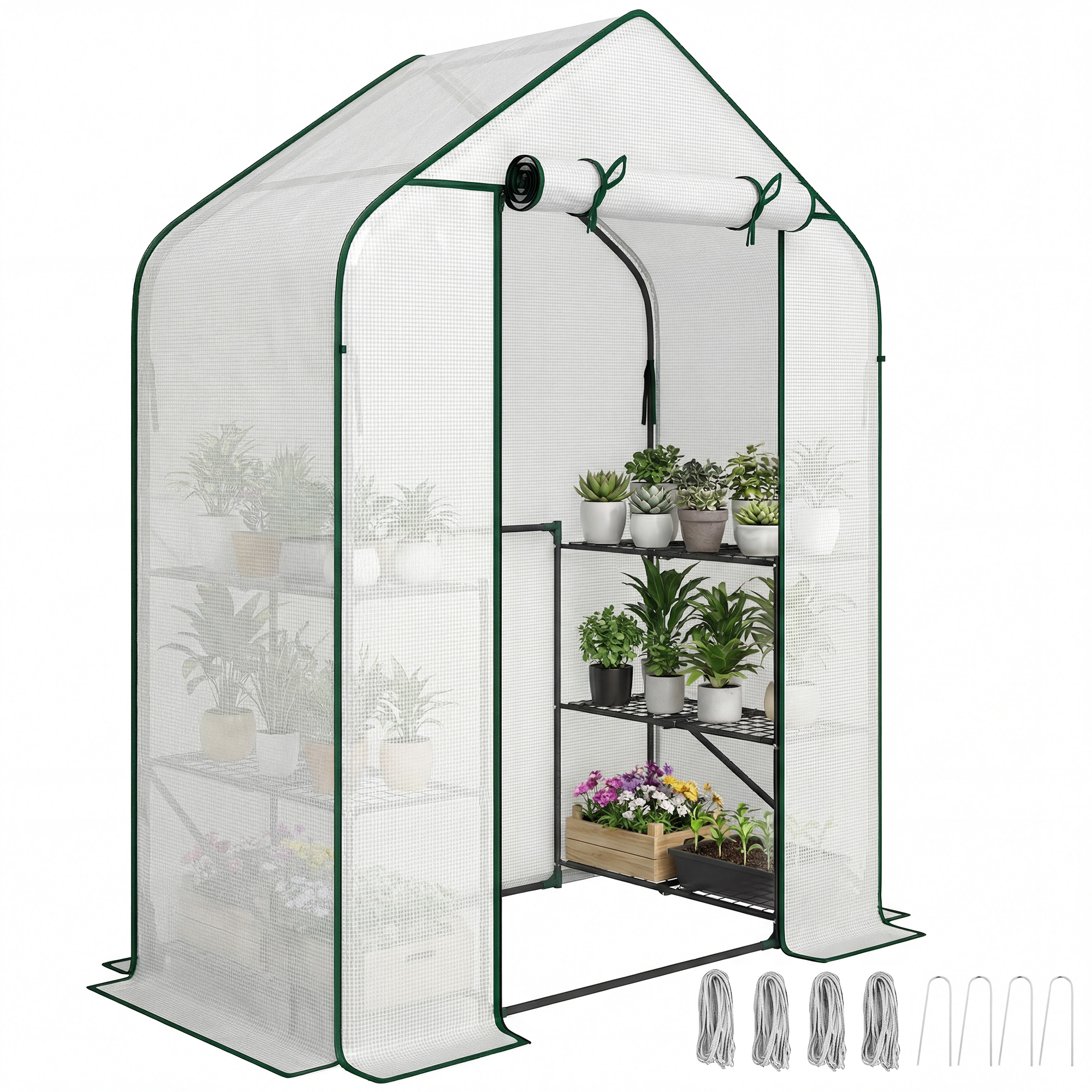 Greenhouse for Outdoors, Portable Greenhouse with 6 Shelves, UV-Resistant PE Cover, Roll-Up Door, White
