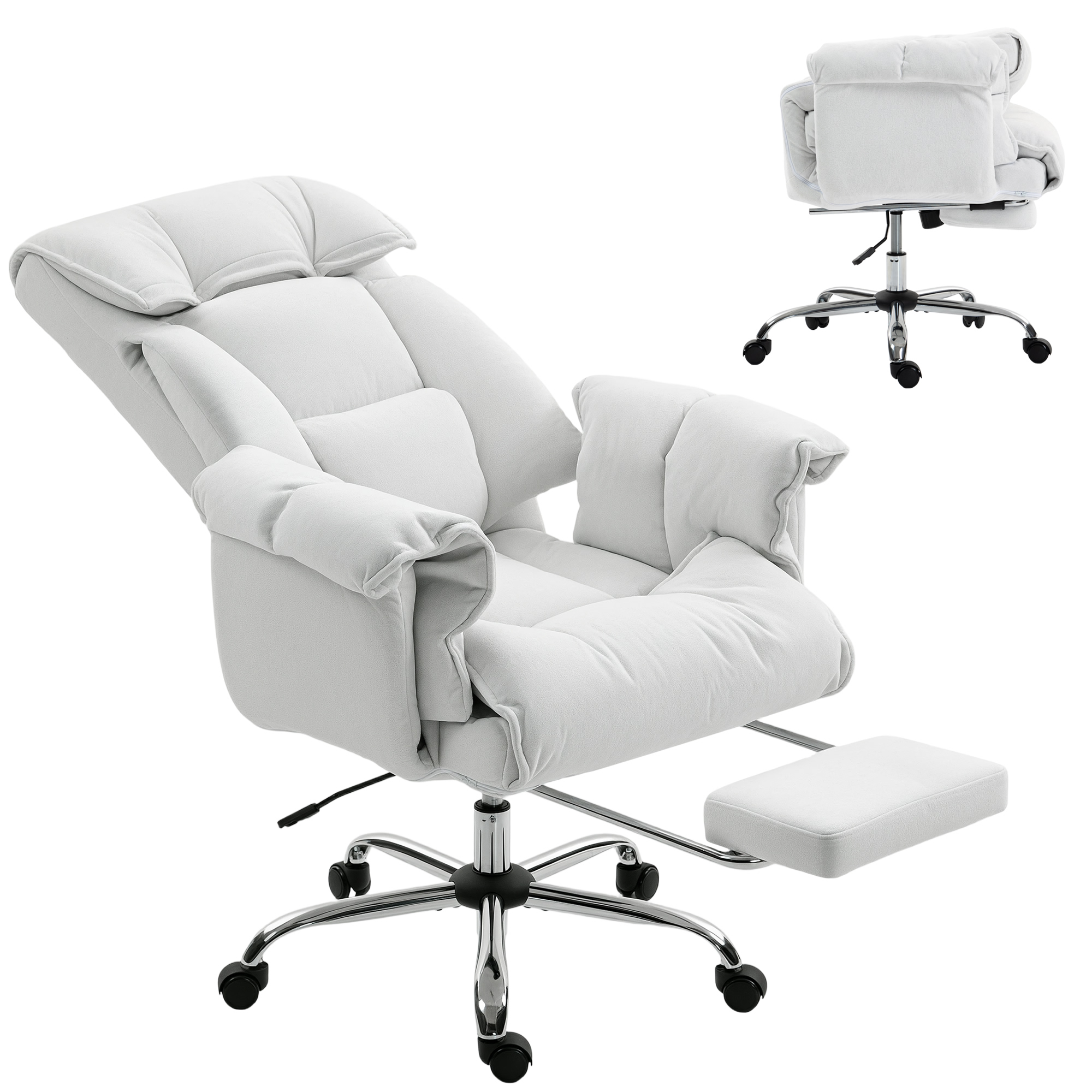 High Back Office Chair, Reclining Desk Chair with Footrest, High Resilience Foam, Rolling Wheels, Cream White