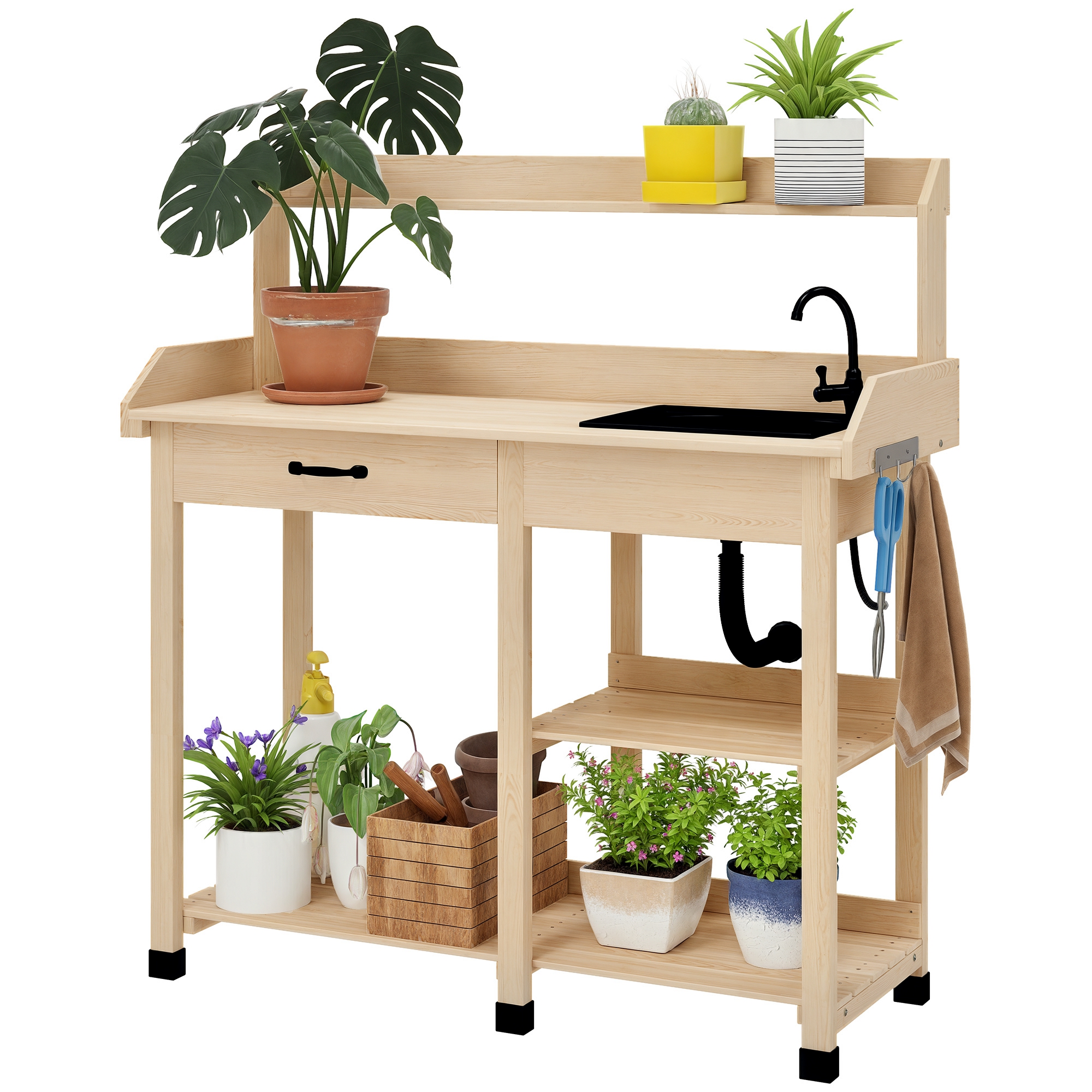 Potting Bench Table, Outdoor Garden Table Wooden Work Station with Removable Sink, Faucet, Drawer, Shelves, Hooks, Natural Wood
