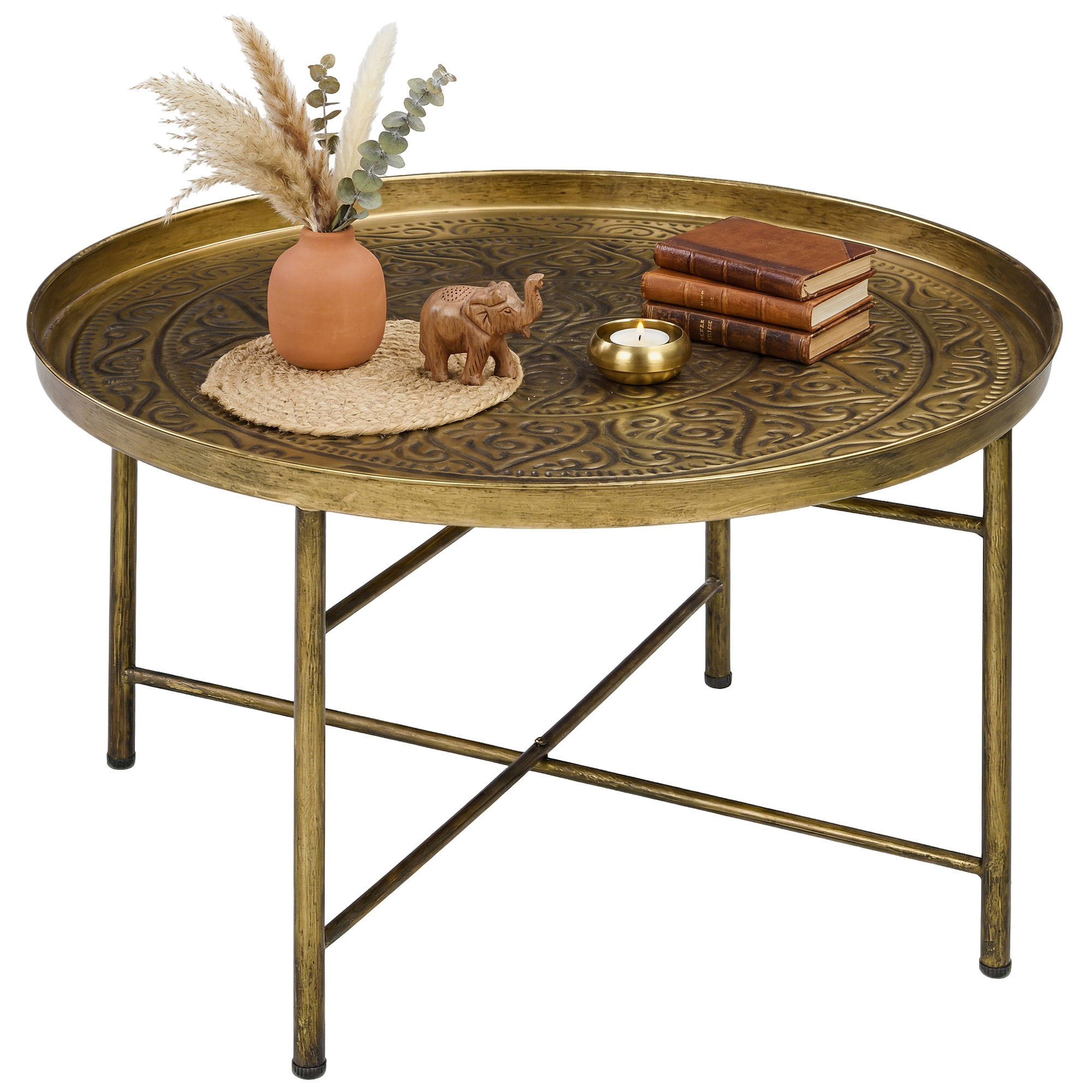 Coffee Table for Living Room, 24" Round Center Table with Hammered Tray Top and Metal Frame for Bedroom, Gold