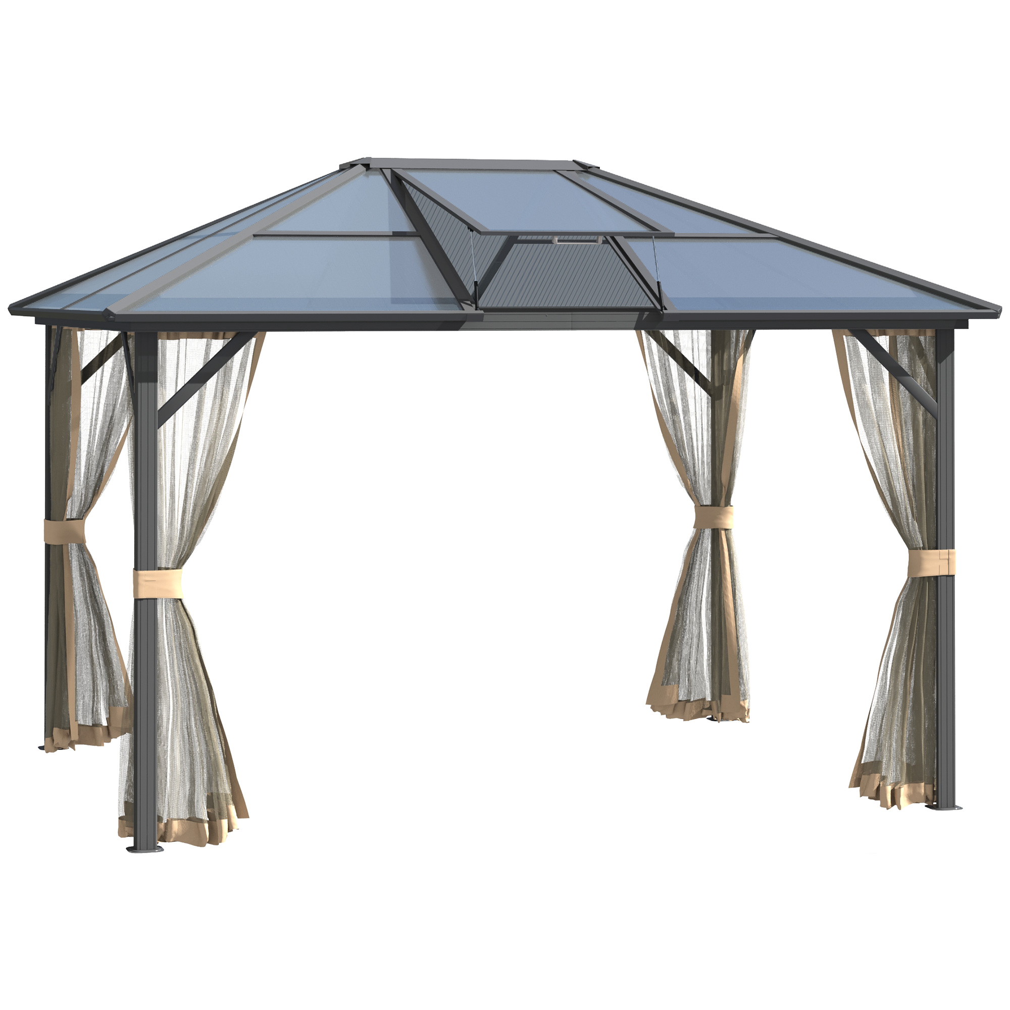  10' x 12' Hardtop Gazebo Canopy with Polycarbonate Roof, Aluminum Frame, Permanent Pavilion Outdoor Gazebo with Netting, for Patio, Garden, Backyard, Deck, Lawn, Gray, Brown