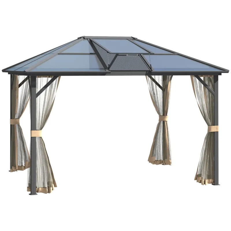  10' x 12' Hardtop Gazebo Canopy with Polycarbonate Roof, Aluminum Frame, Permanent Pavilion Outdoor Gazebo with Netting, for Patio, Garden, Backyard, Deck, Lawn, Gray, Brown
