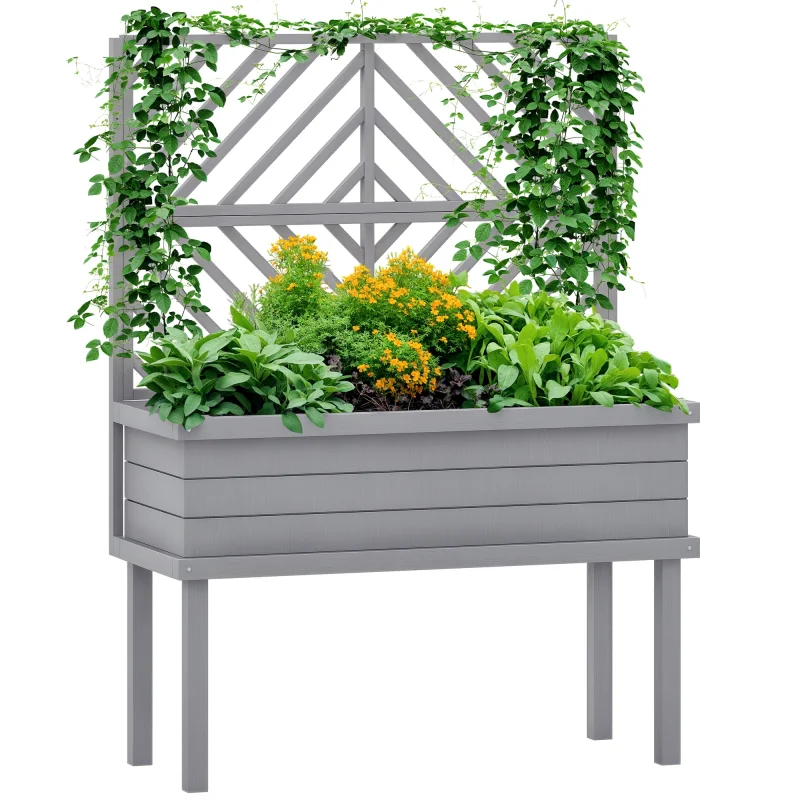 Elevated Wood Planter with Trellis for Climbing Plants, Raised Garden Bed with Legs and Drainage Holes, Gray