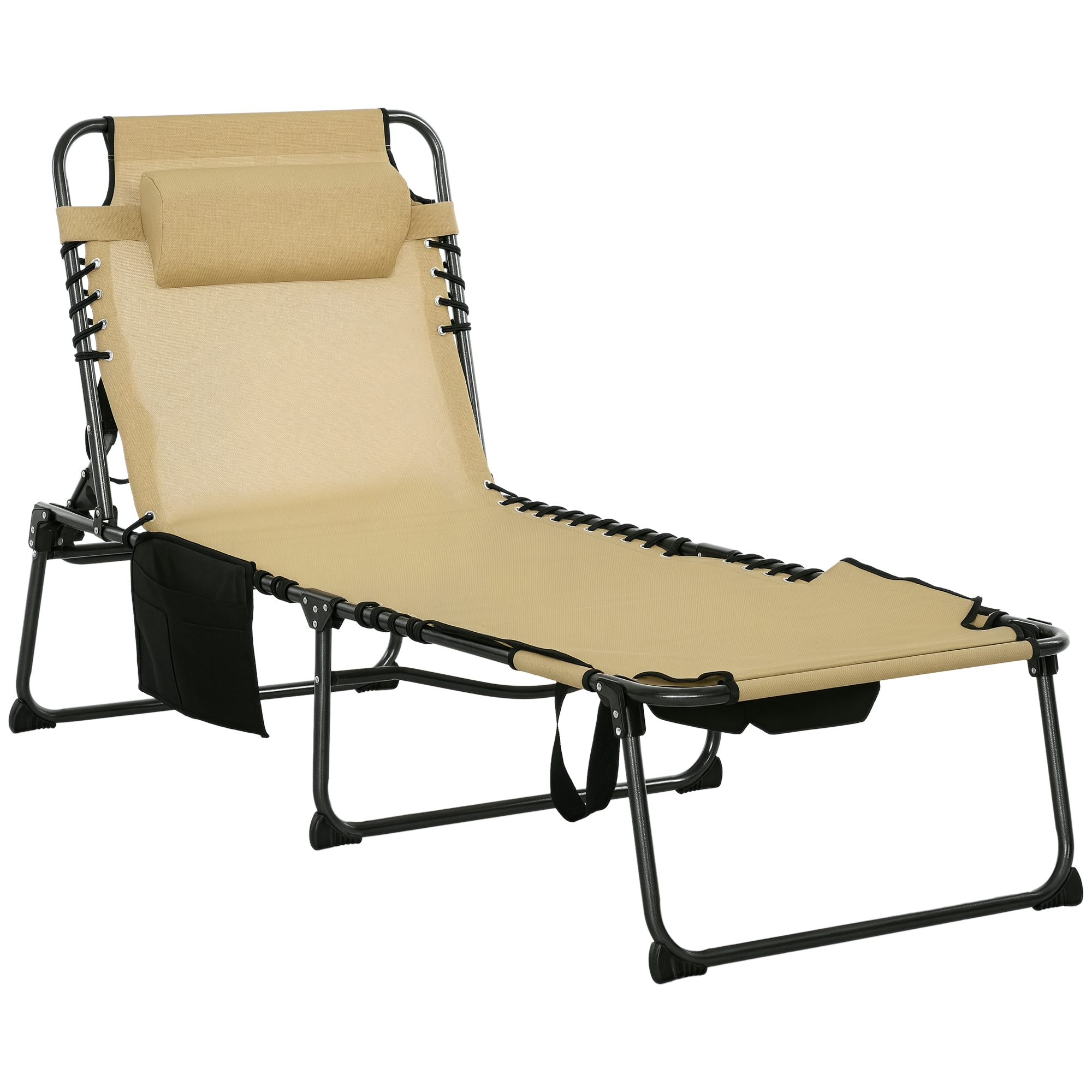 Folding Chaise Tanning Lounge Chair w/ 5-level Reclining Back, Reading Hole, Side Pocket, Headrest, Beige