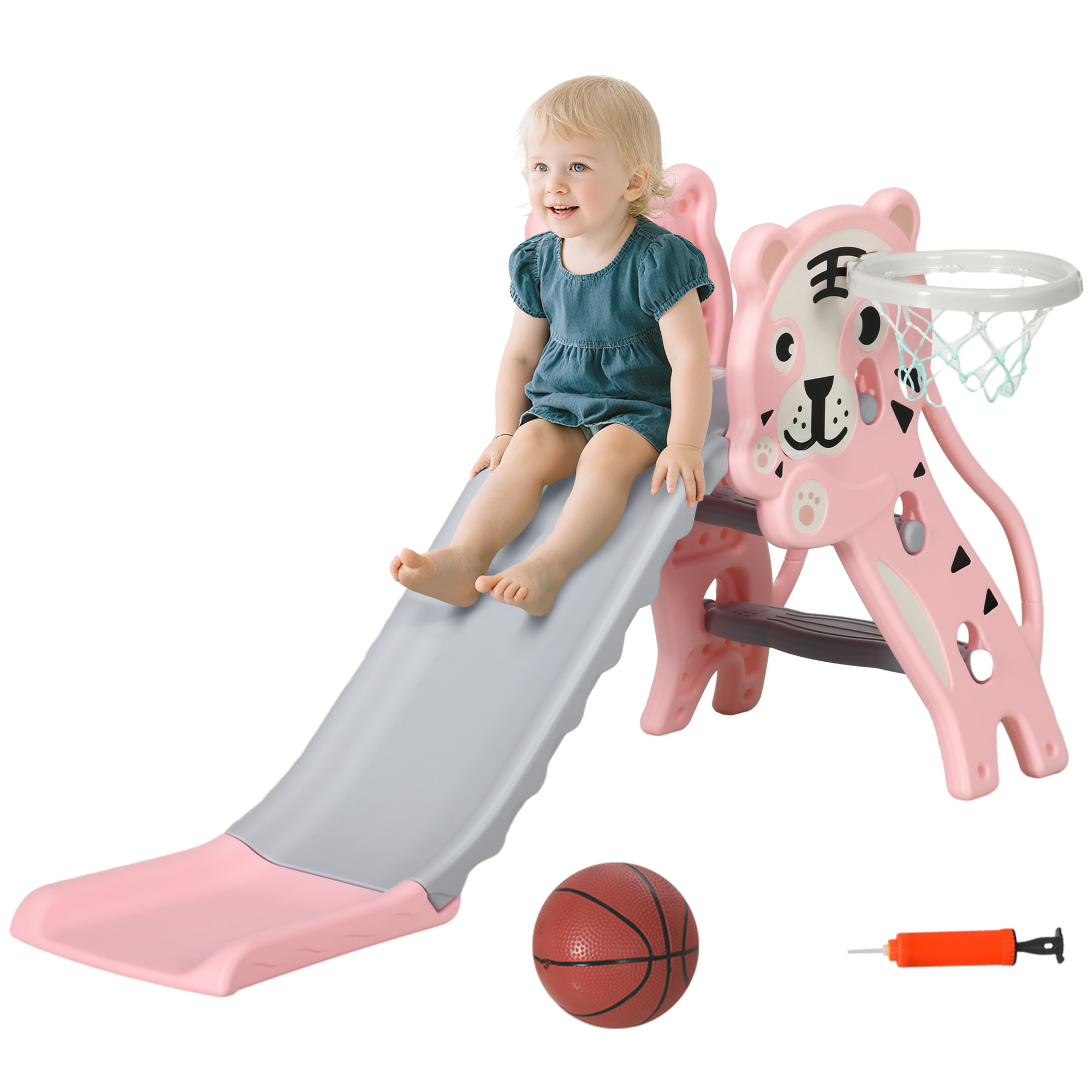 Slide for Kids with Basketball Hoop for Indoor Use, Easy Set Up Baby Slide for Kids 18-36 Months, Pink