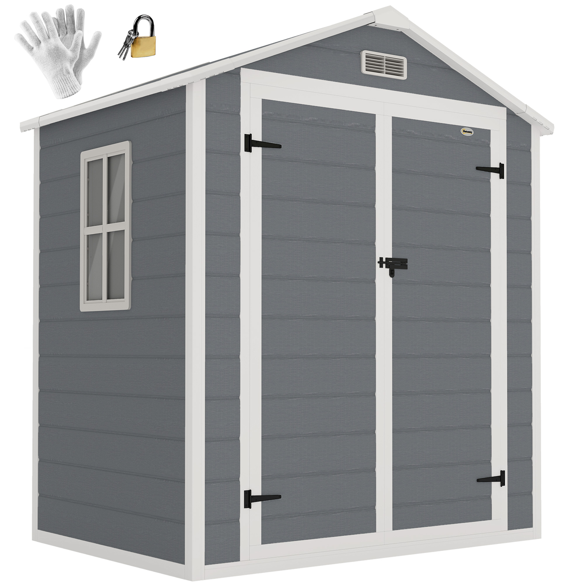 Outdoor Storage Shed, 6' x 4.5' Garden Shed with Double Lockable Doors, Vent and Window, Plastic Utility Tool Shed, Gray