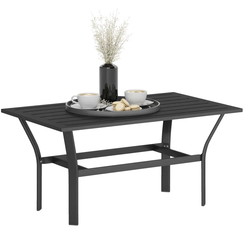 Outdoor Coffee Table with Slatted Tabletop, All-Weather Rectangle Metal Patio Coffee Table for Garden, Black