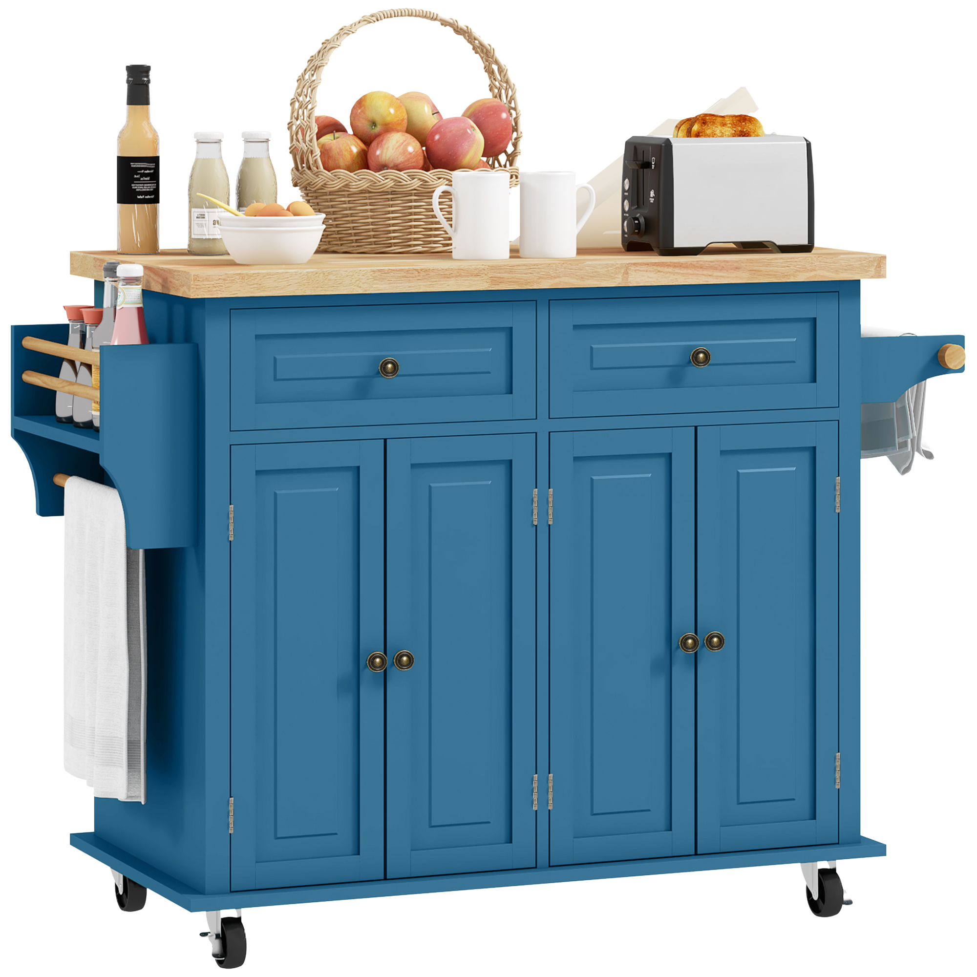 Kitchen Island on Wheels, Rolling Cart with Rubberwood Top, Spice Rack, Towel Rack and Drawers, Turquoise