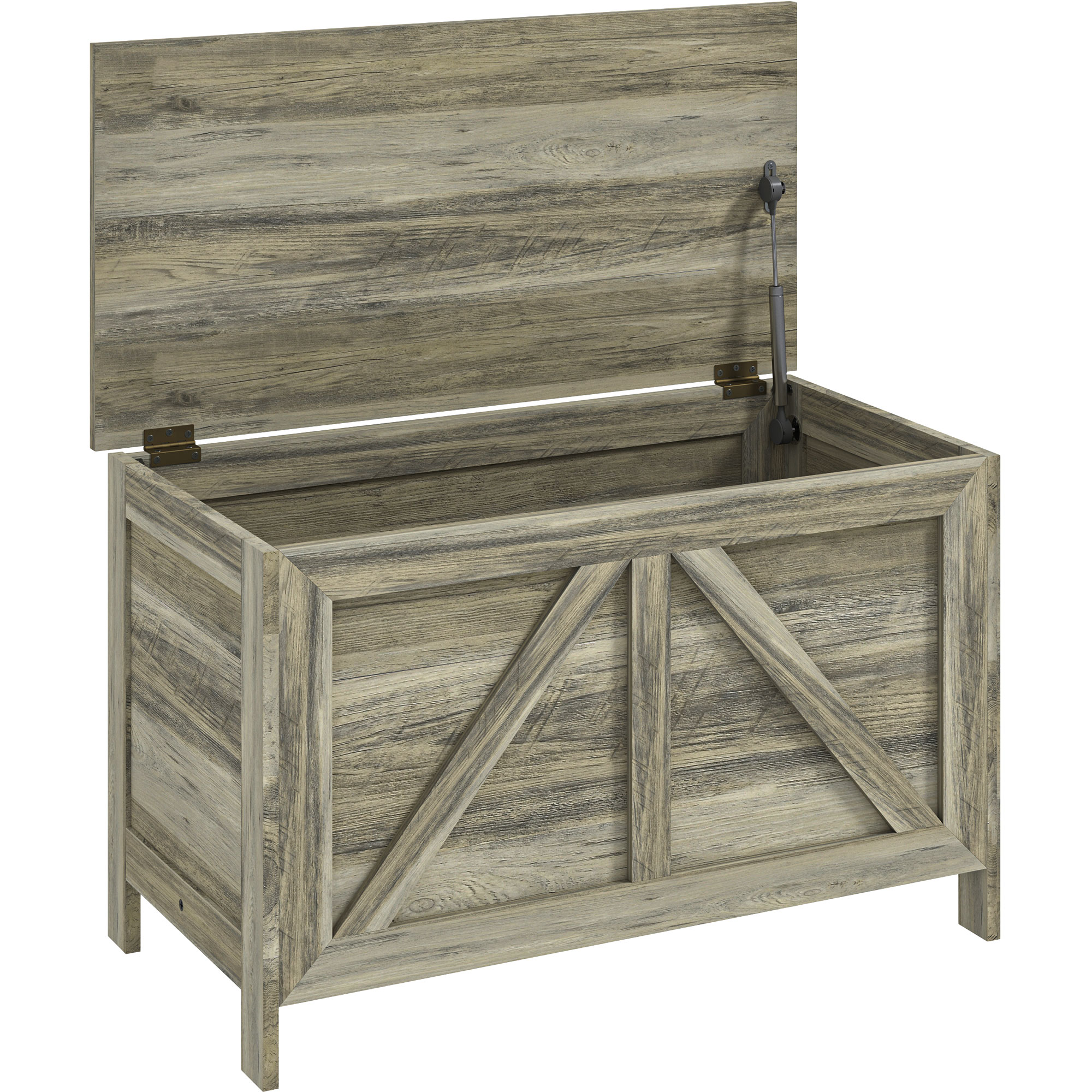 30" Farmhouse Storage Bench, Lift Top Storage Chest with Safety Hinge to Open Up 100°, Wooden Trunk for Bedroom, Entryway, Living Room, Gray