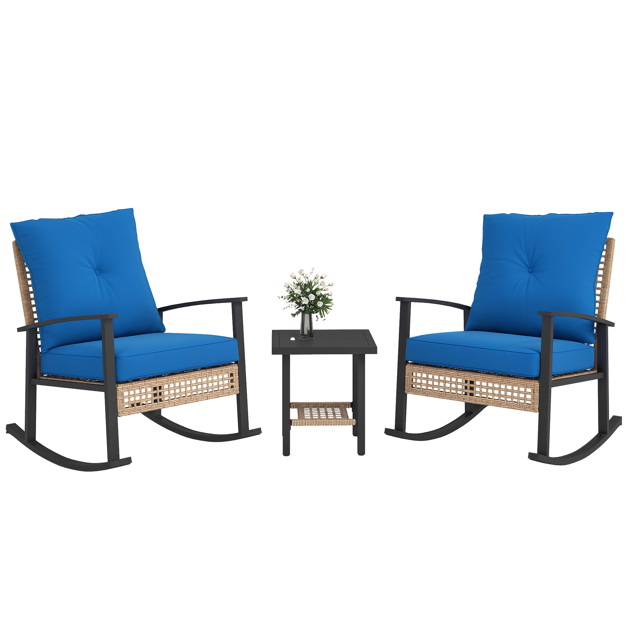 3 Pieces Bistro Set, Patio Wicker Furniture Set with Button Tufted Cushions, Rattan Rocking Chairs, Coffee Table, Blue