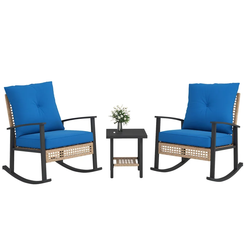 3 Pieces Bistro Set, Patio Wicker Furniture Set with Button Tufted Cushions, Rattan Rocking Chairs, Coffee Table, Blue
