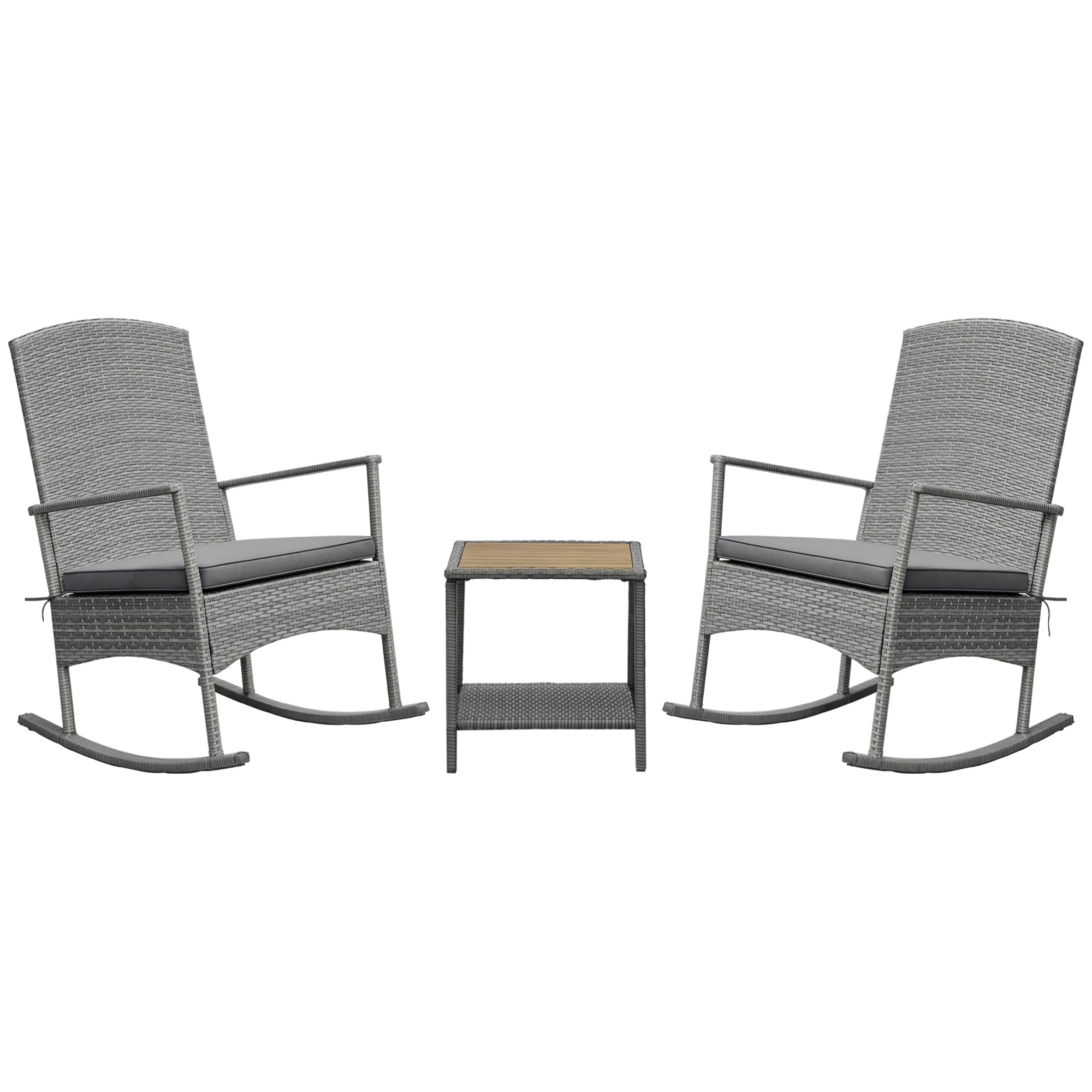  3 Piece Outdoor PE Rattan Rocking Chair Set, Patio Wicker Recliner Rocker Chair with Soft Cushion & Nature Wood Top Coffee Table, Grey