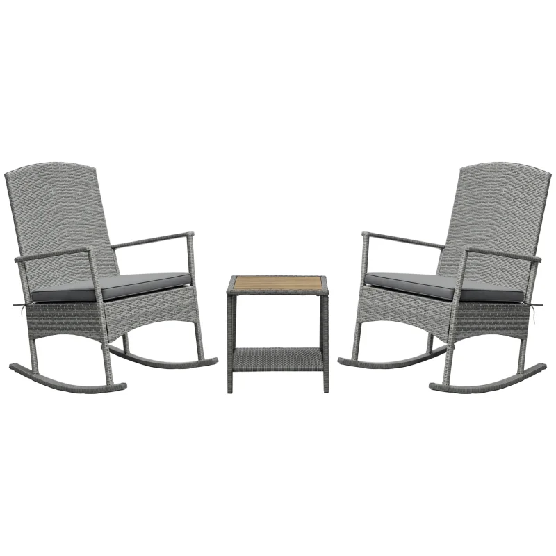  3 Piece Outdoor PE Rattan Rocking Chair Set, Patio Wicker Recliner Rocker Chair with Soft Cushion & Nature Wood Top Coffee Table, Grey