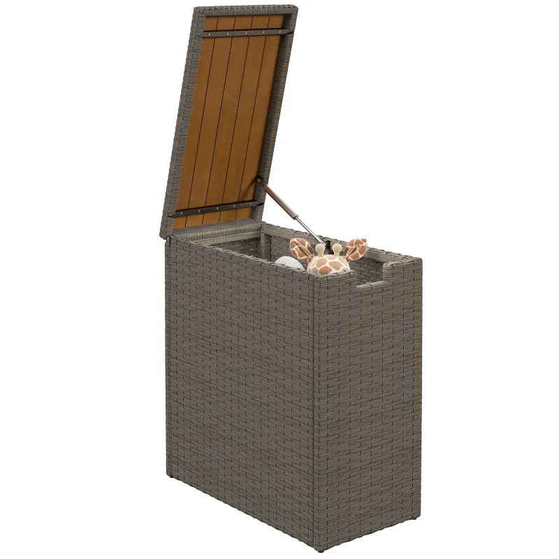 17-Gallon Small Deck Box, Wicker Outdoor Storage Box with Acacia Wood Top for Patio Cushions and Garden Tools, Teak