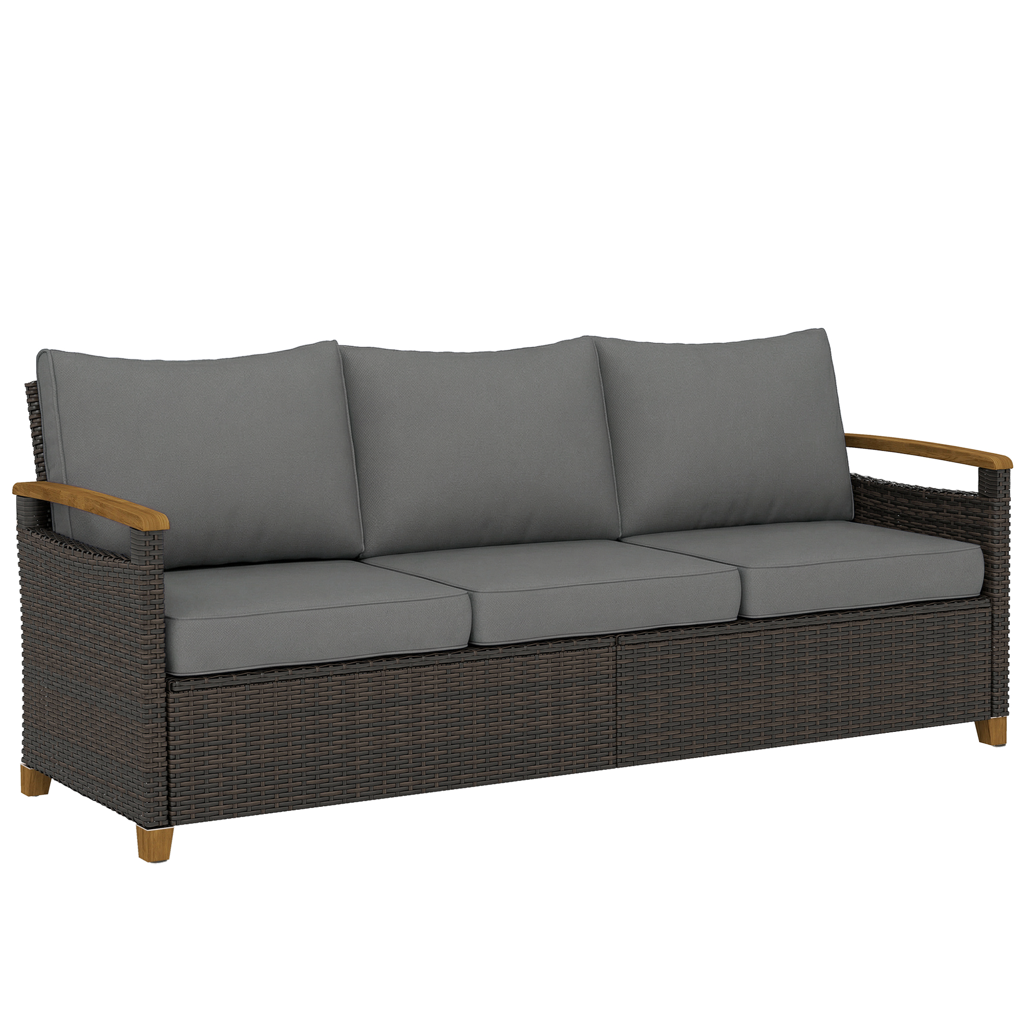 3 Seater Outdoor Couch Sofa, PE Wicker Patio Sofa, Wide Deep Seat, 4" Cushions, Wood-Effect Armrests Legs, Gray