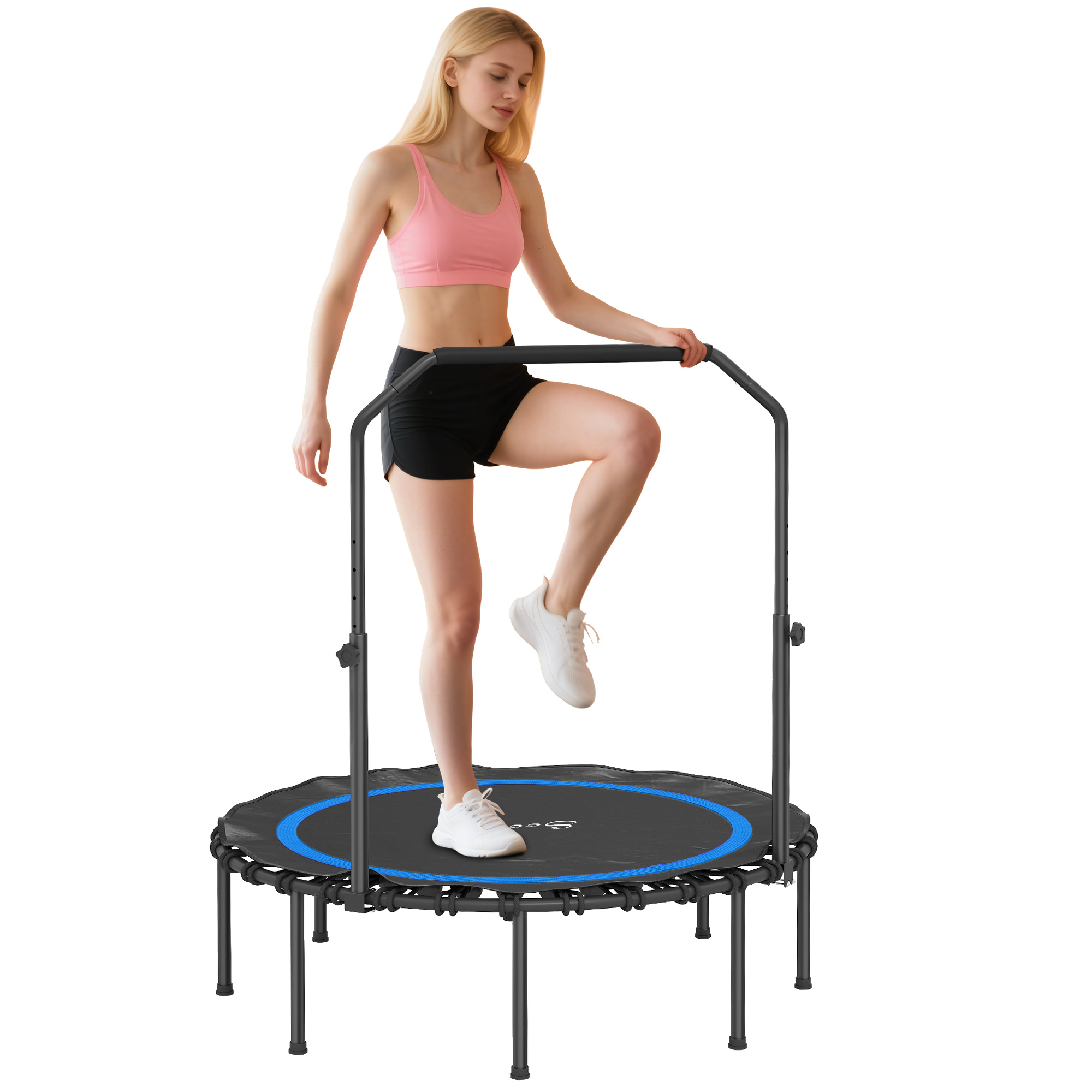 45" Rebounder Trampoline for Adults, Foldable Mini Trampoline with Adjustable Handle Bar for Indoor Outdoor, Blue