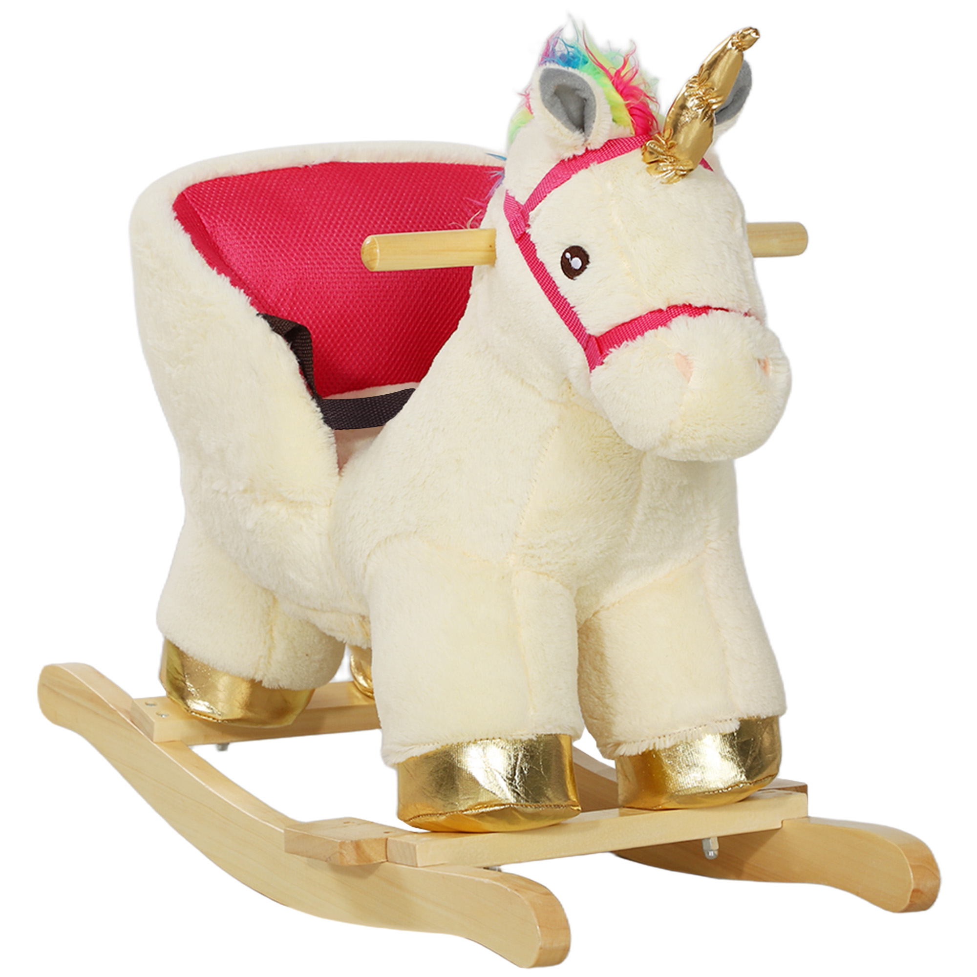 Kids Rocking Horse, Unicorn with Realistic Sound, Safety Belt & Wooden Base for 18-36 Months