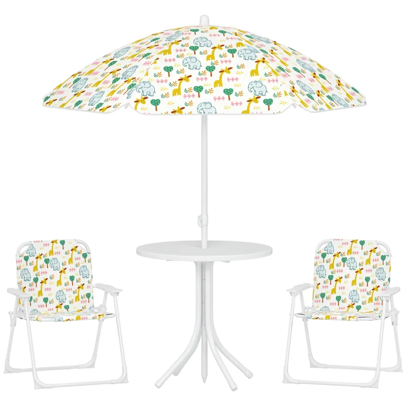Kids Picnic Table and Chair Set, Outdoor Activity Table with Foldable Chairs, Removable Umbrella for Backyard, White