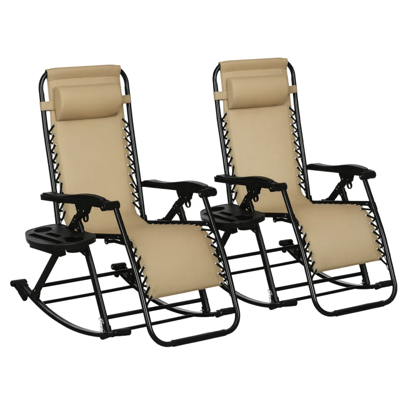 2 Outdoor Rocking Chairs Foldable Reclining Zero Gravity Lounge Rockers w/ Pillow Cup & Phone Holder, Beige