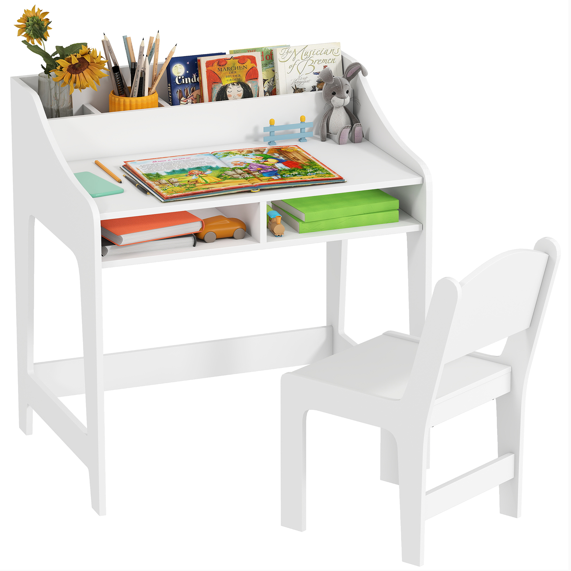 Kids Desk and Chair Set with Storage and Shelves, for Bedroom & Study Room, Gift for 3-8 Years Old, White