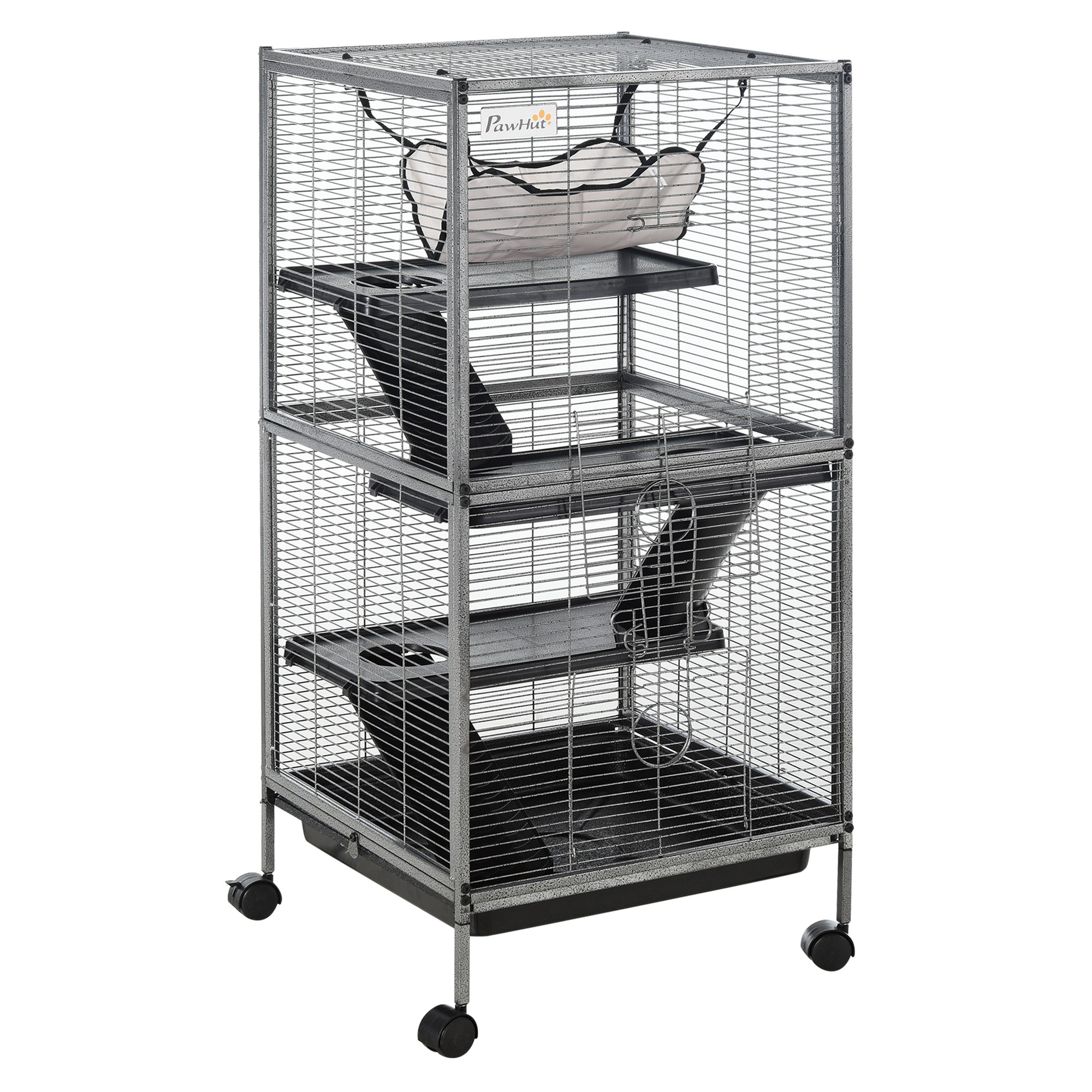 45" H Rolling Small Animal Cage with Hammock, Ferret Cage, Chinchilla Cage, Pet Habitat with 6 Doors, Removable Tray