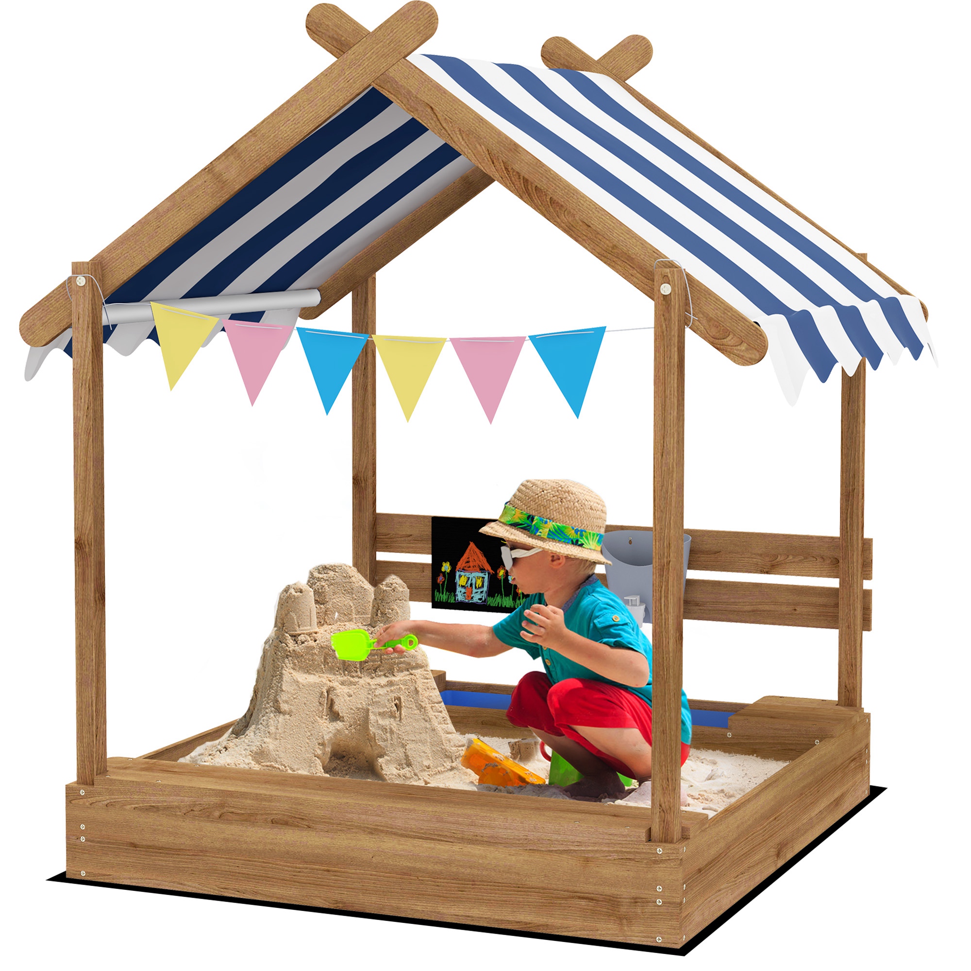 Wooden Sandbox with Canopy, House Design for 3-7 Years Old, Brown