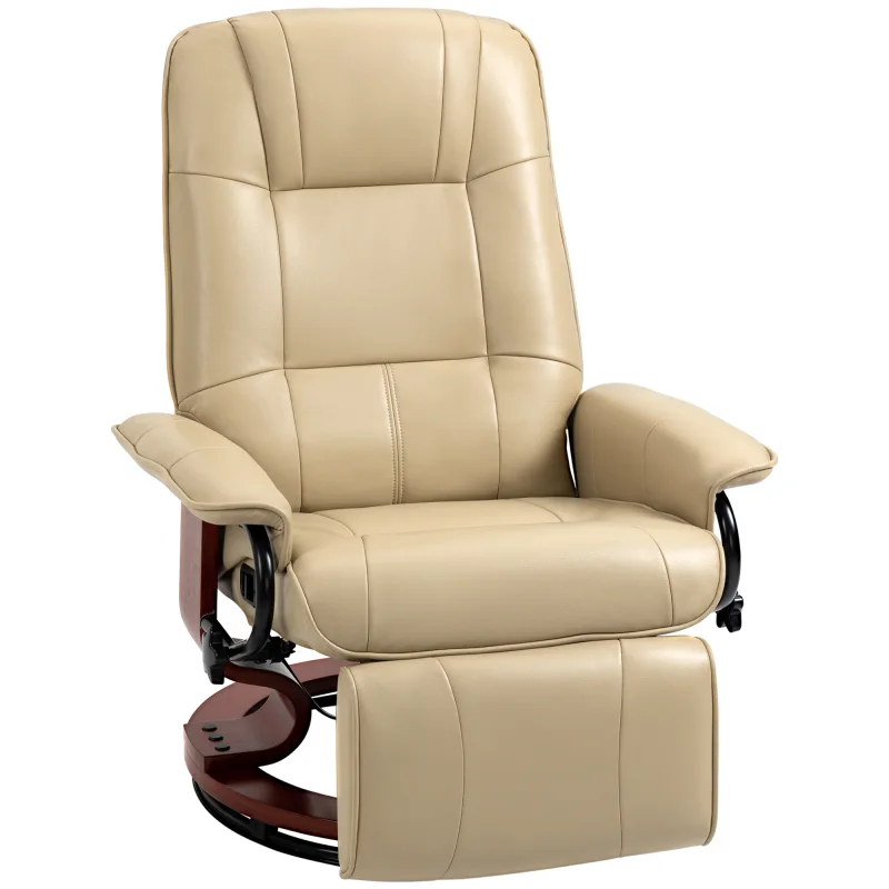 Air Leather Manual Recliner, Adjustable Swivel Lounge Chair with Footrest, Armrest and Wrapped Wood Base, Cream White