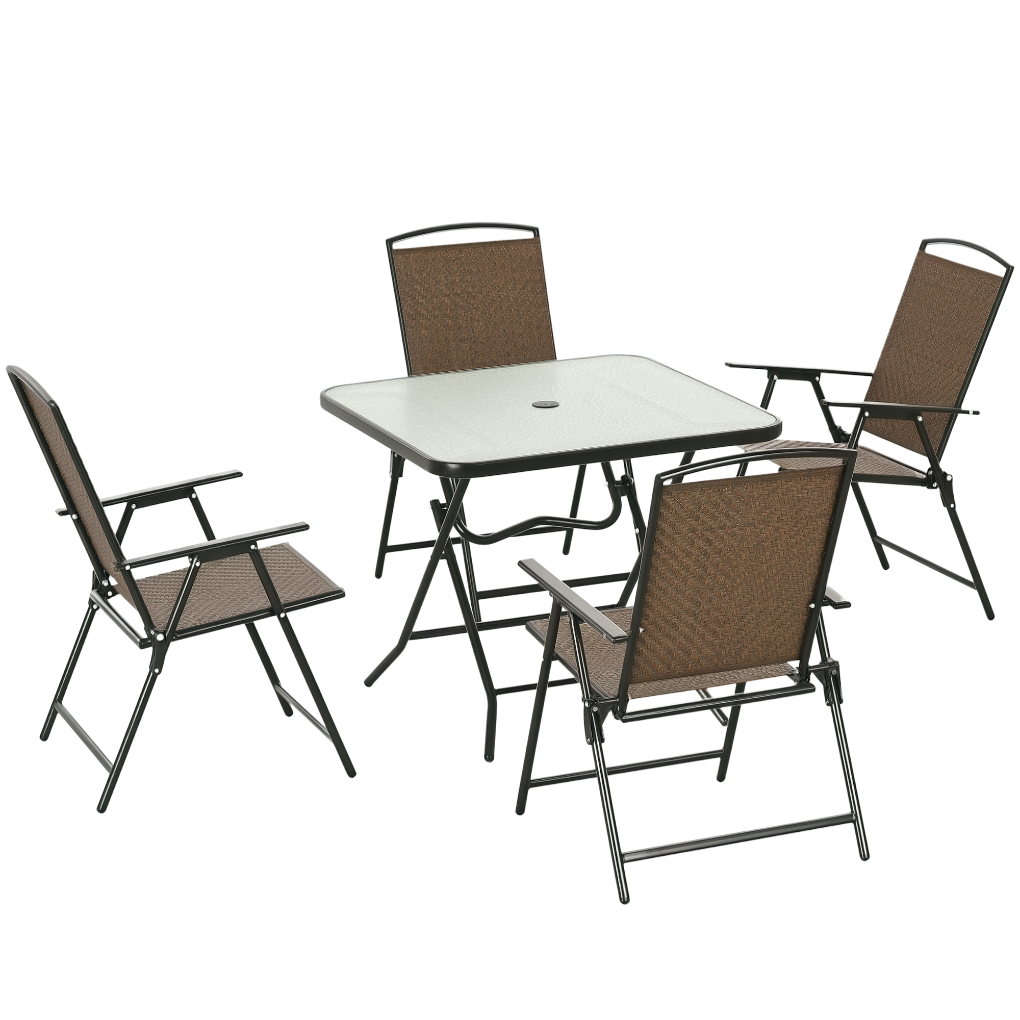 5 Pieces Patio Table and Chairs, Foldable Wicker Outdoor Dining Table Set with Umbrella Hole, Dark Brown