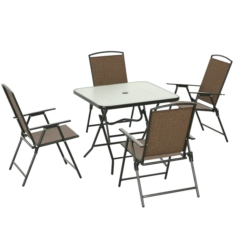 5 Pieces Patio Table and Chairs, Foldable Wicker Outdoor Dining Table Set with Umbrella Hole, Dark Brown