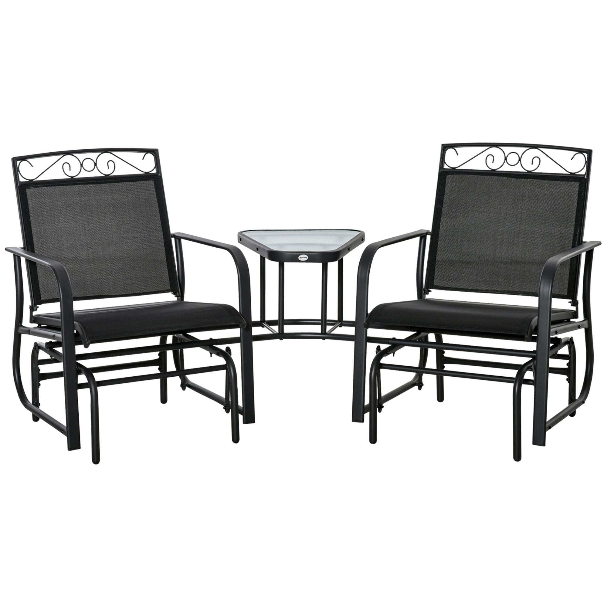 Outdoor Glider Chairs with Coffee Table, Patio 2-Seat Rocking Chair Swing with Breathable Sling for Backyard, Black