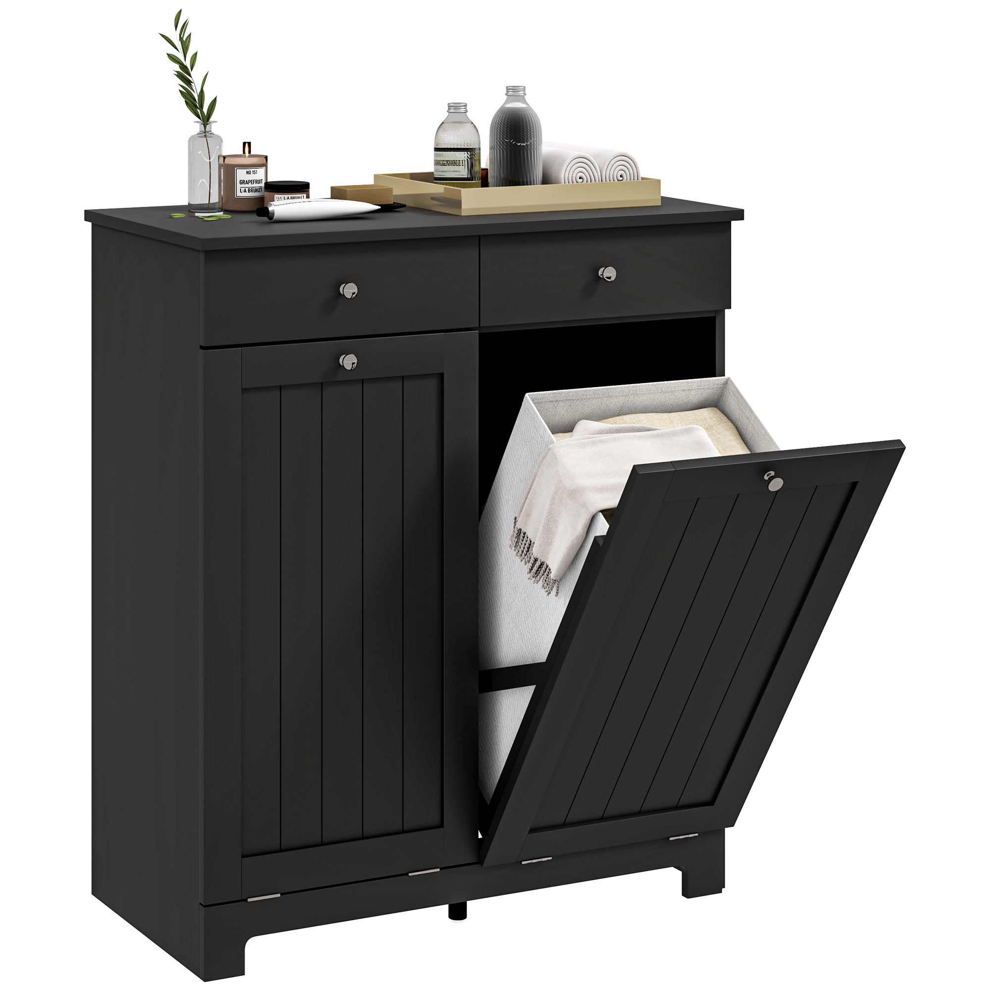 Laundry Hamper Cabinet, Laundry Cabinet with 2 Tilt Out Laundry Baskets and 2 Drawers, Black