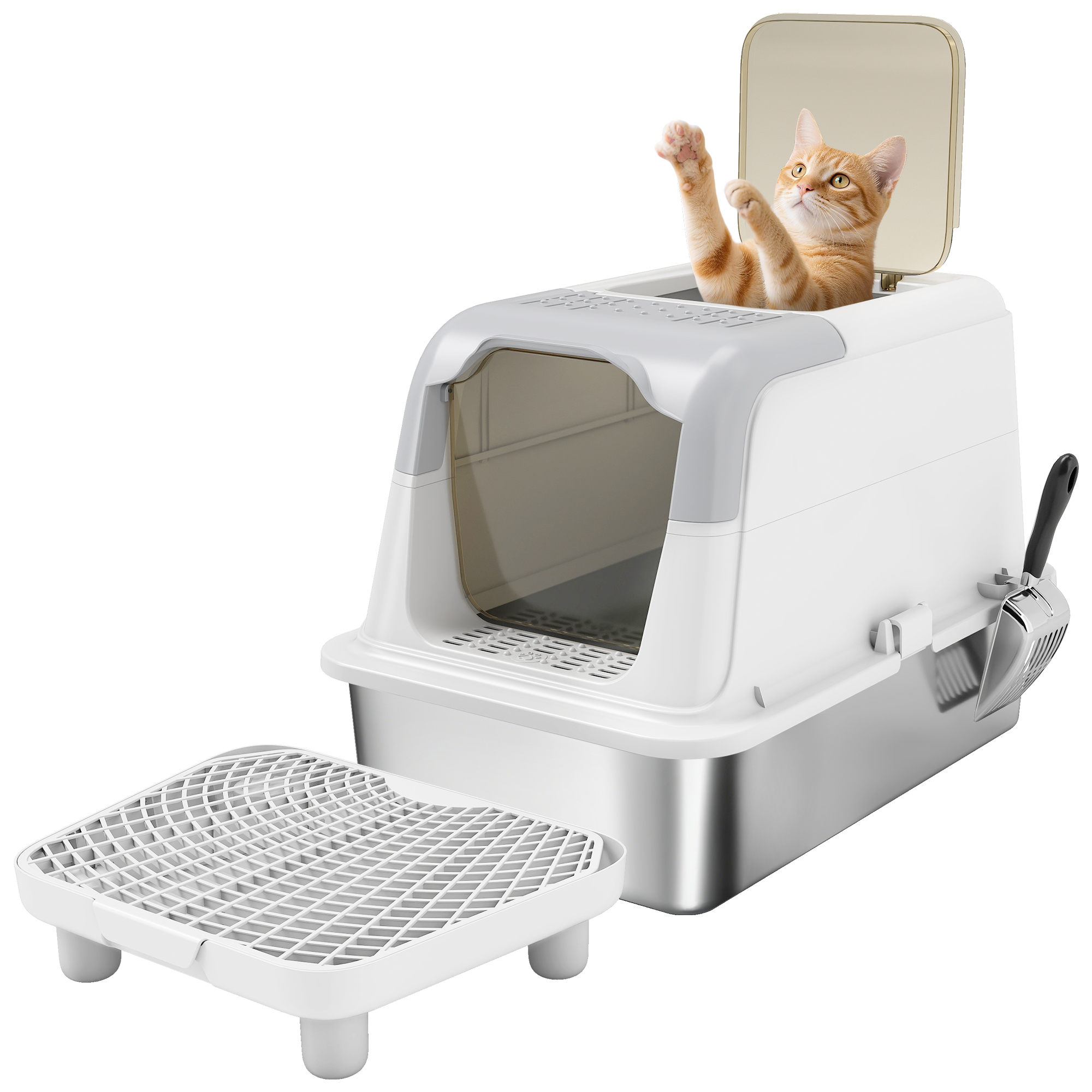 Extra Large Stainless Steel Litter Box, Enclosed Cat Litter Box with Scoop, Deodorizer Bag, Sand Drop Pedal