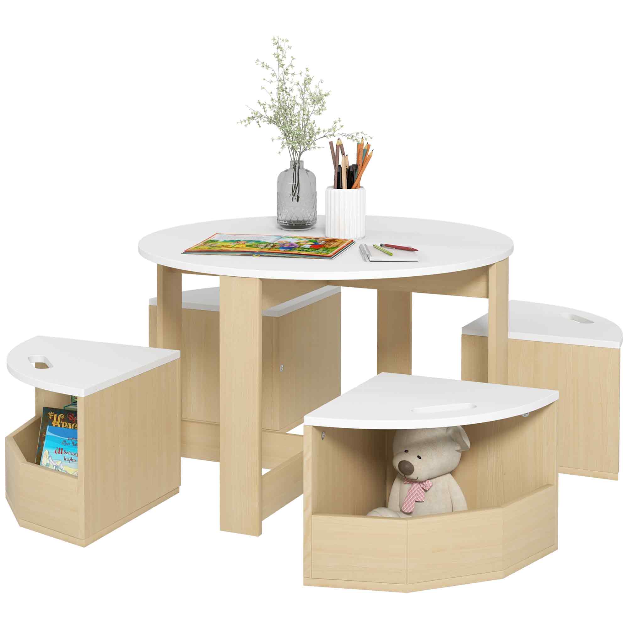 5 Piece Kids Table and Chairs Set with Storage for Art, Craft, Drawing, Playroom, Classroom, Nursery, White