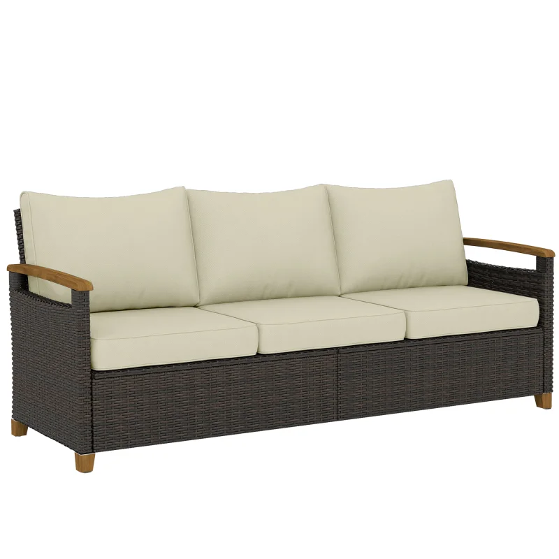 3 Seater Outdoor Couch Sofa, PE Wicker Patio Sofa, Wide Deep Seat, 4" Cushions, Wood-Effect Armrests Legs, Beige