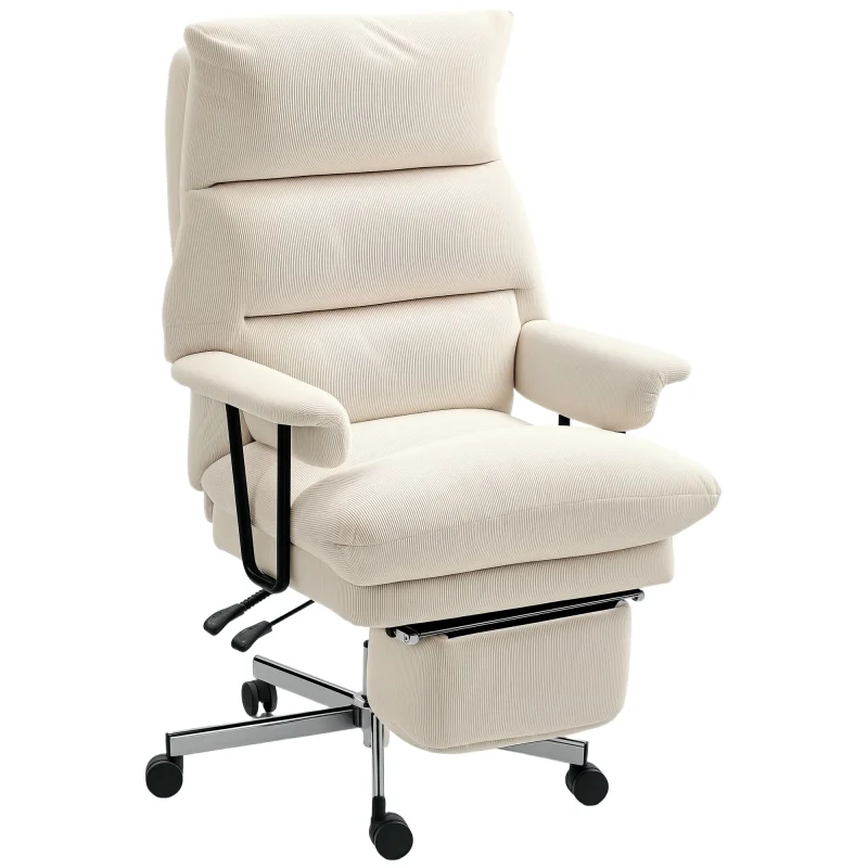 Executive Office Chair with Lumbar Support, Footrest, High Back Reclining Overstuffed Desk Chair with, Cream White
