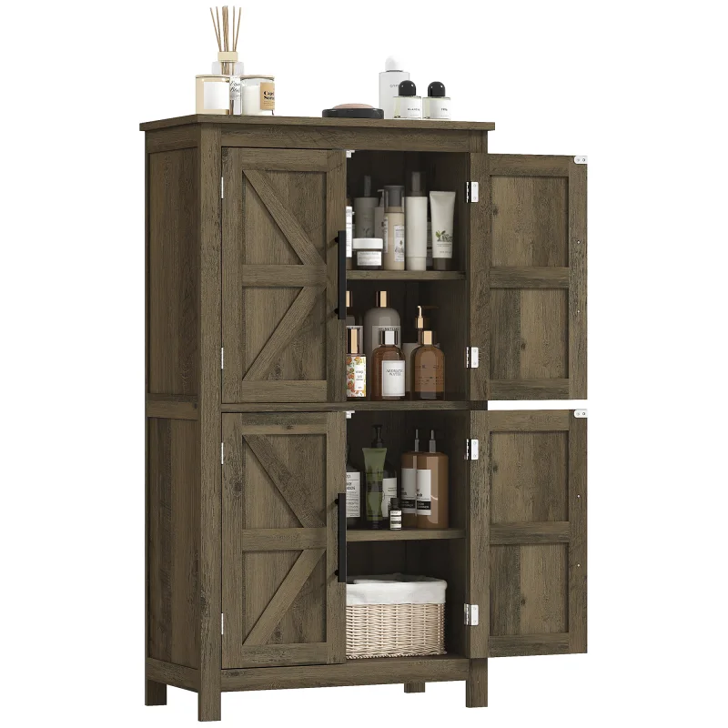 Bathroom Floor Storage Cabinet, Farmhouse Bathroom Cabinet with 4 Doors and Adjustable Shelf, Brown
