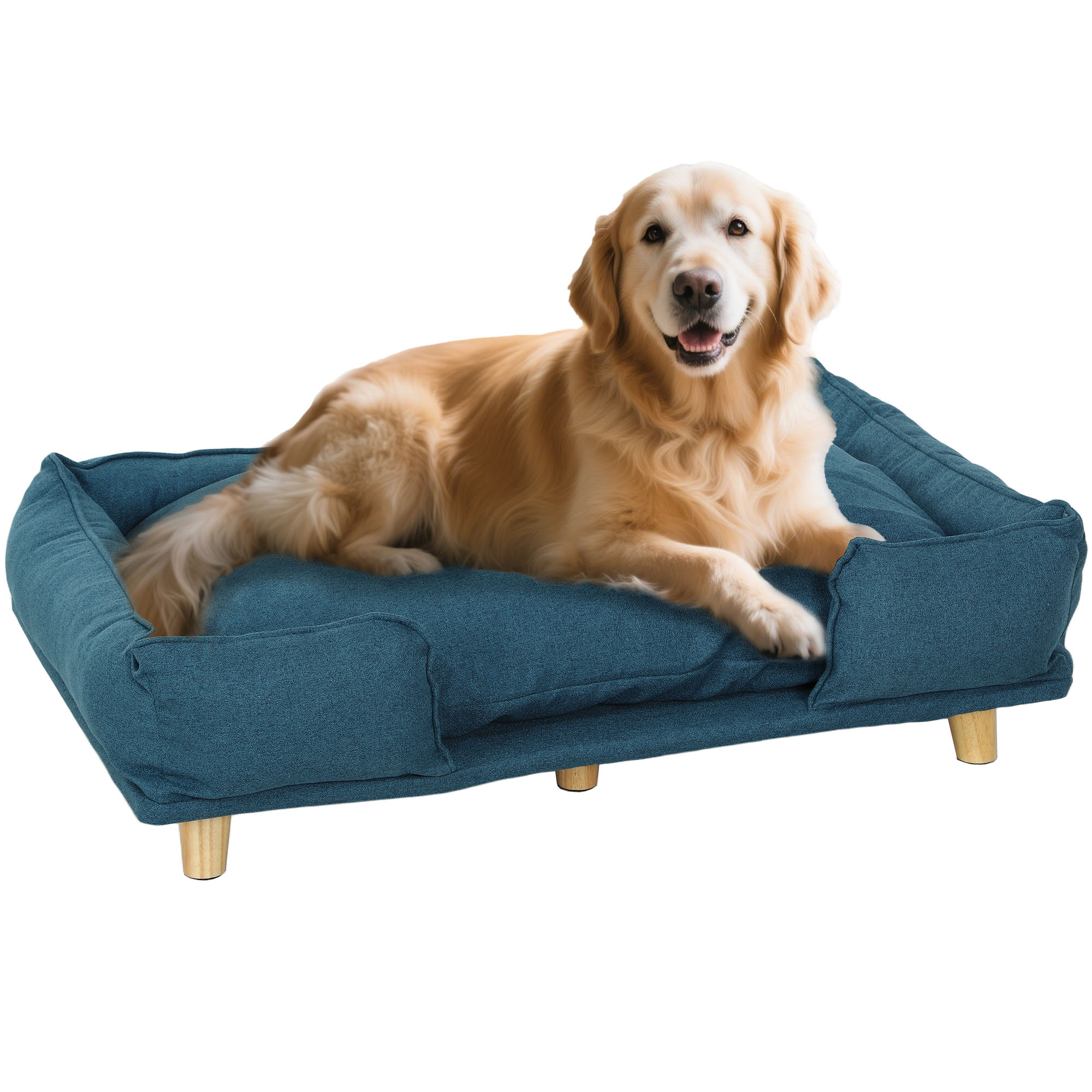Raised Dog Couch with Comfortable Cushion, Pine Wood Legs, Foot Pads for Large-Sized Dogs Indoor Use, Dark Blue