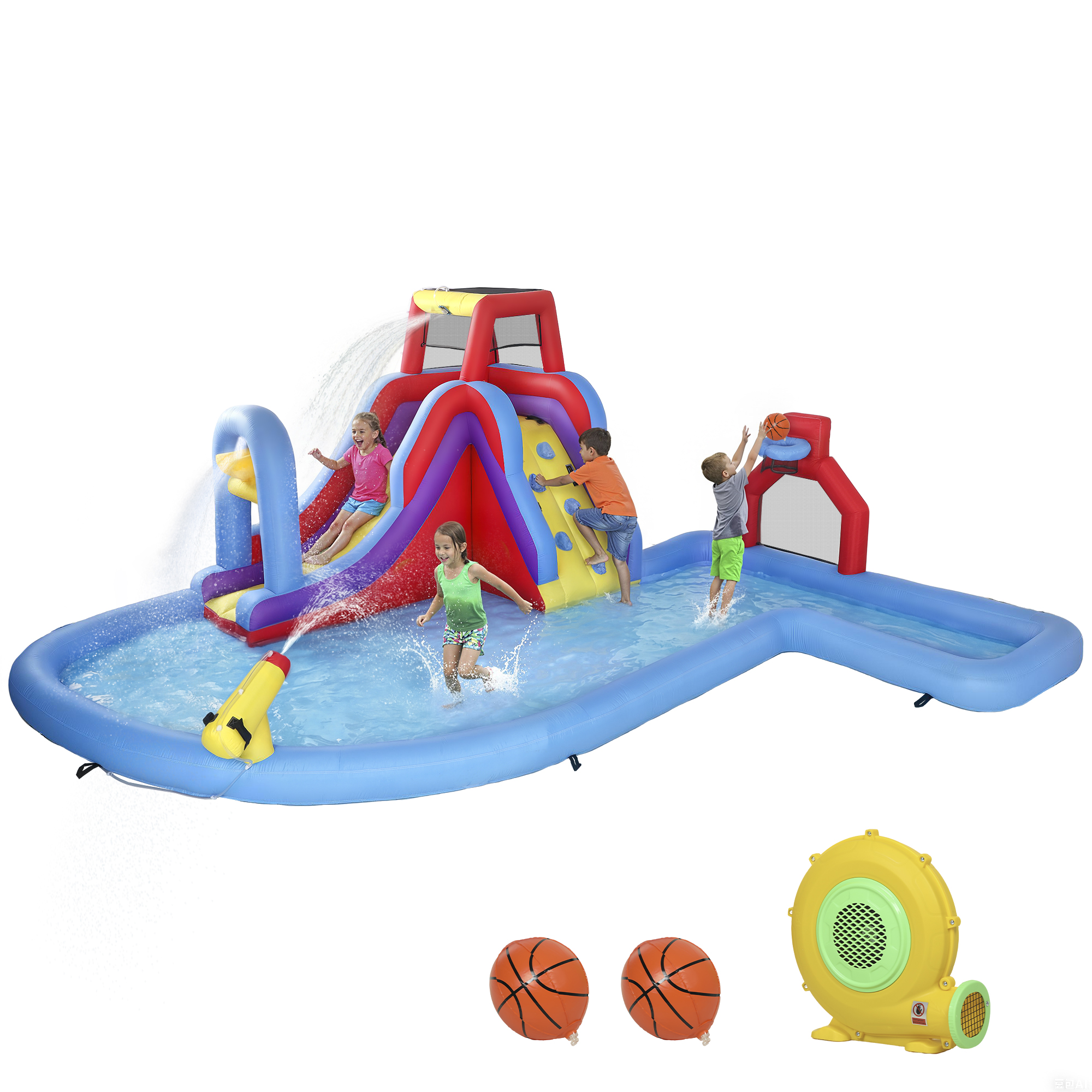Inflatable Water Slide 6 in 1 with 480W Blower, Bounce House with Climbing Wall, Splashing Pool, Basketball Hoop